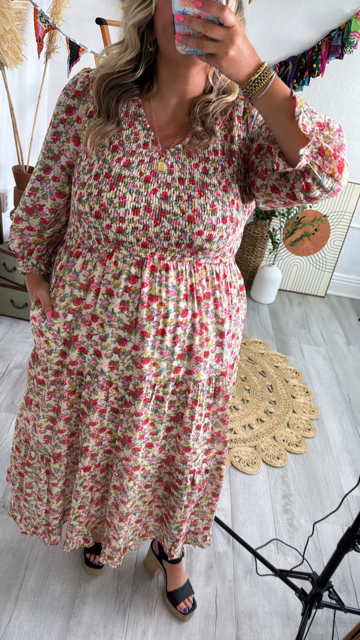Full Bloom Floral Print Smocked Maxi Dress