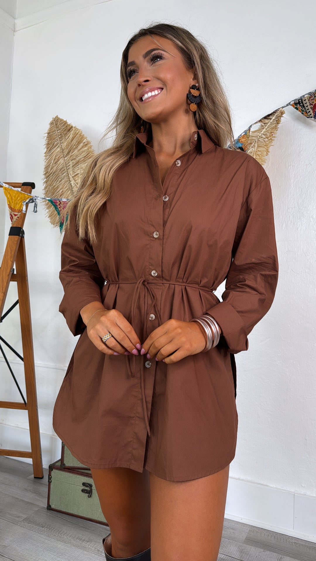 Martini Hour Button Down Romper Dress, Brown