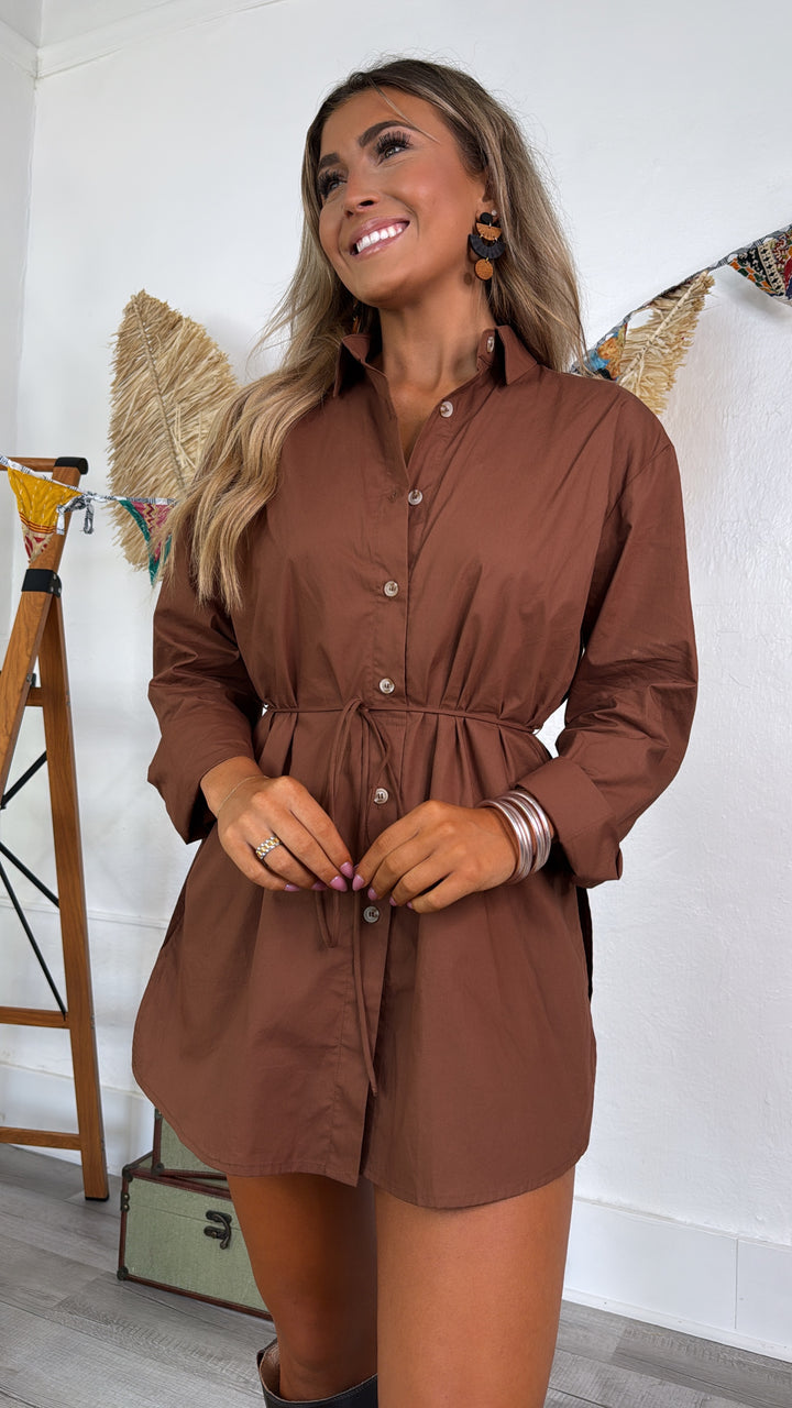 Martini Hour Button Down Romper Dress, Brown