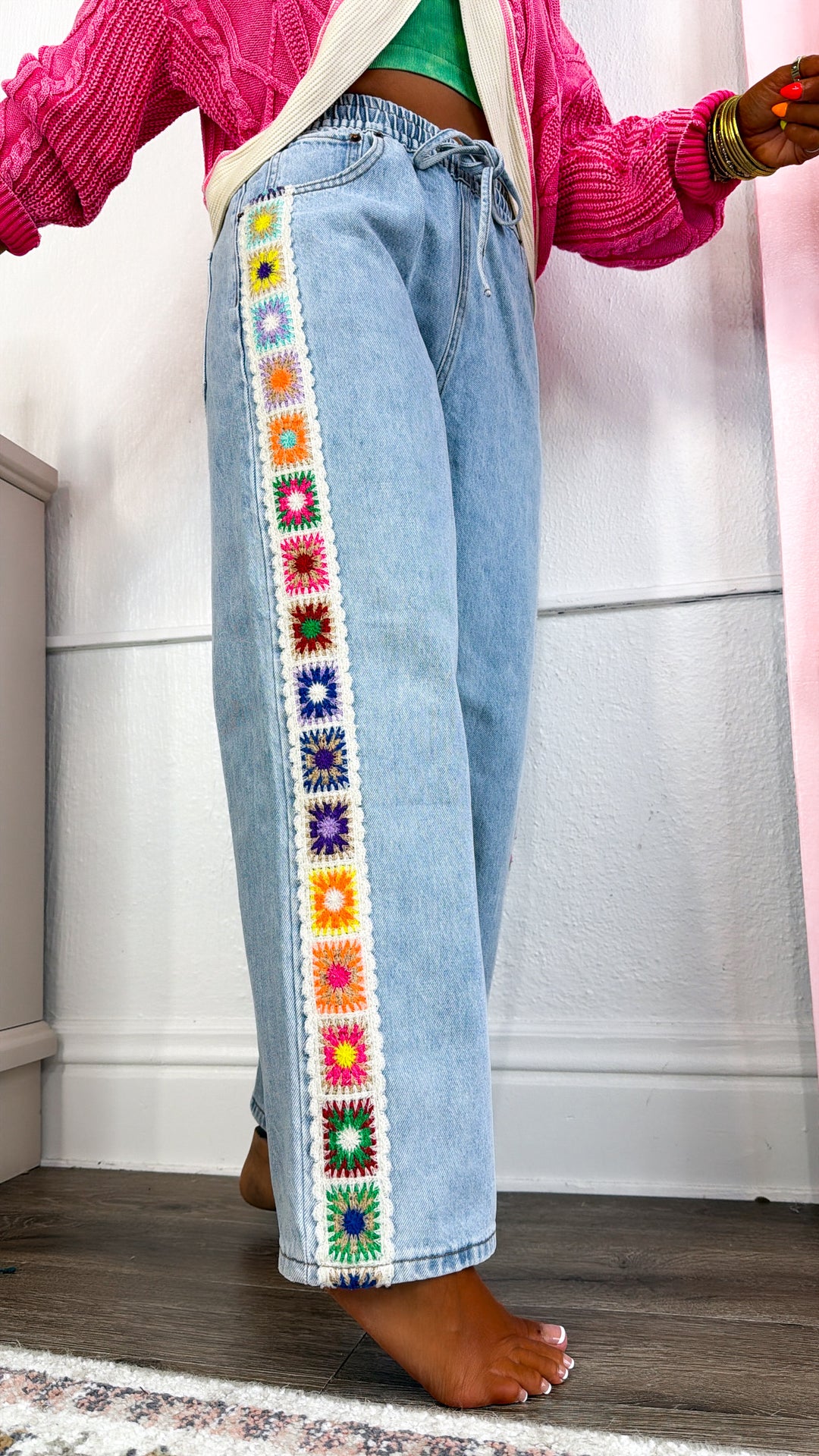 Granny Square Detail Pants, Denim