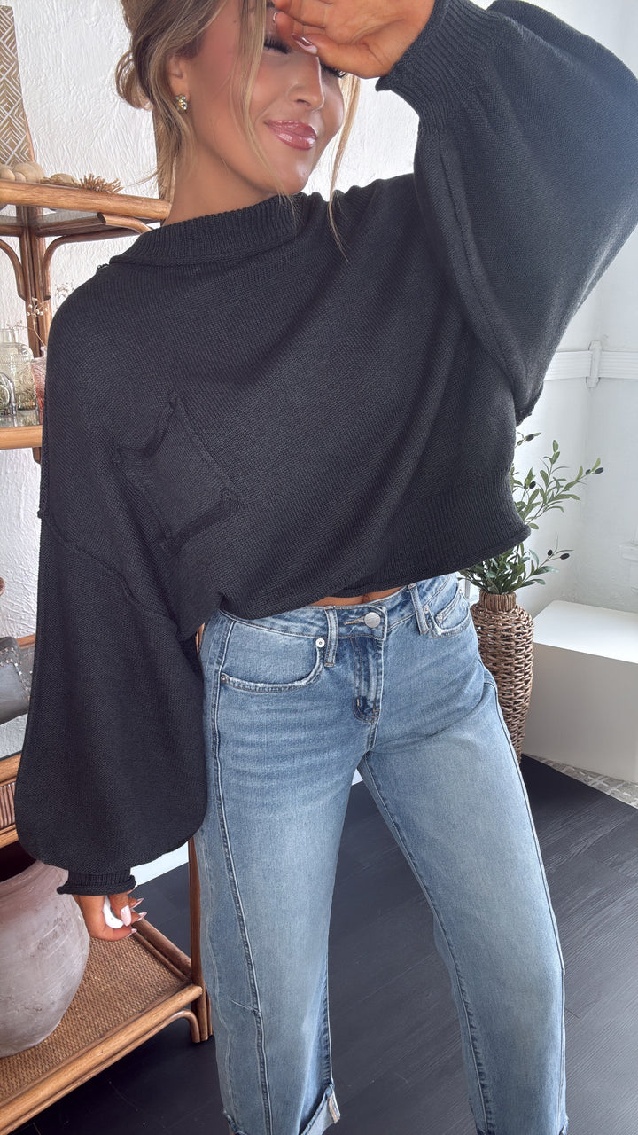 Elevated Basic Balloon Sleeve Sweater, Grey/Black