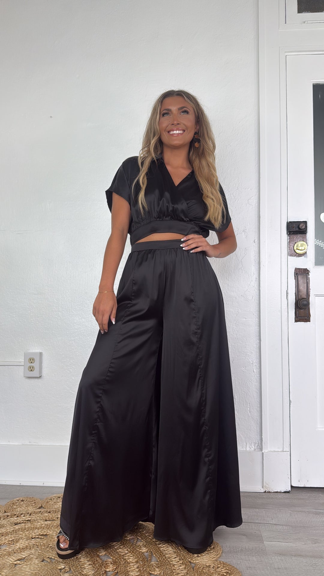 silk black dress pants Jluxlabel Satin Bliss Pleated Wide Leg Pants