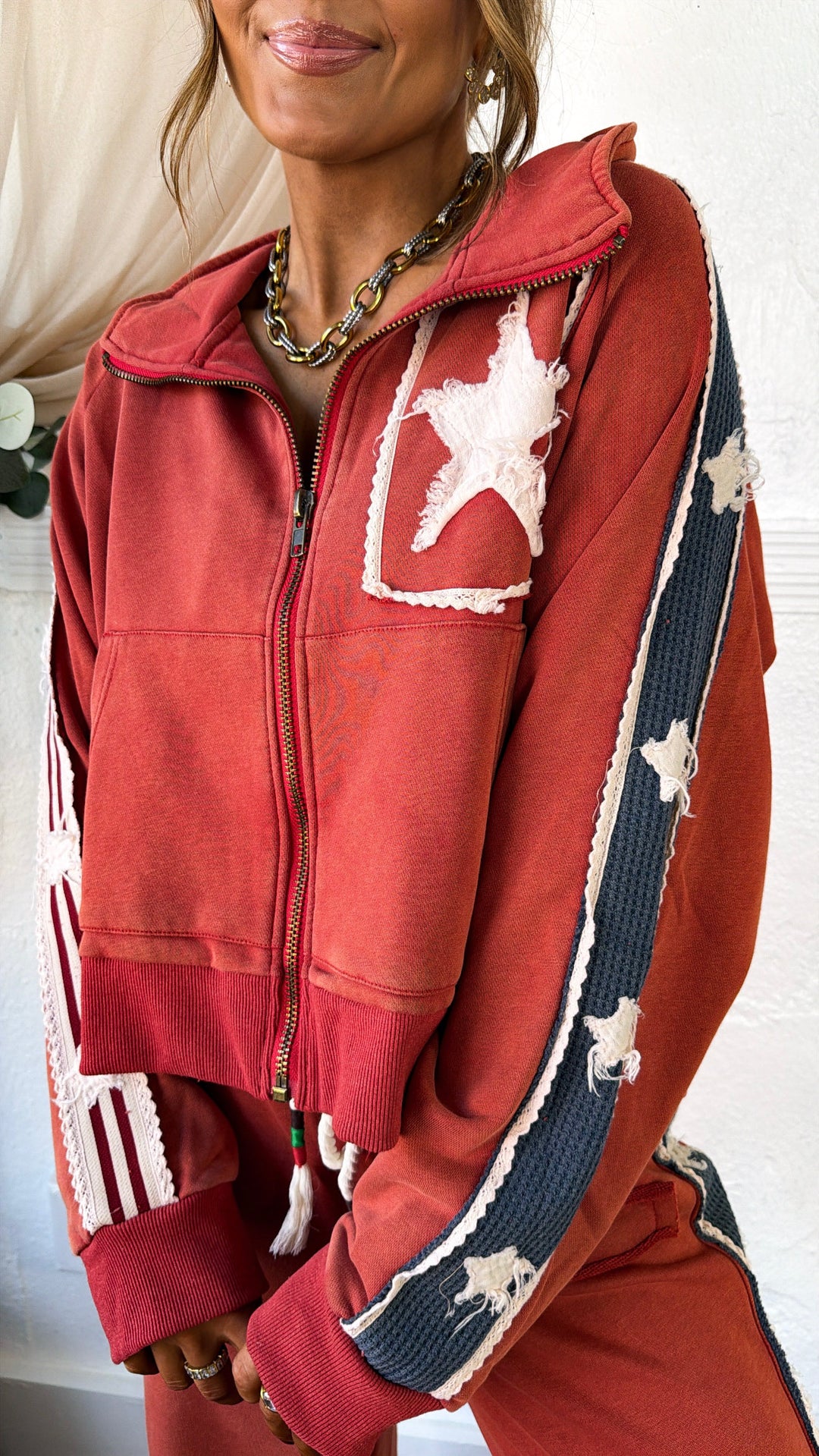 American Dream Patch Zip Up Jacket, Washed Red