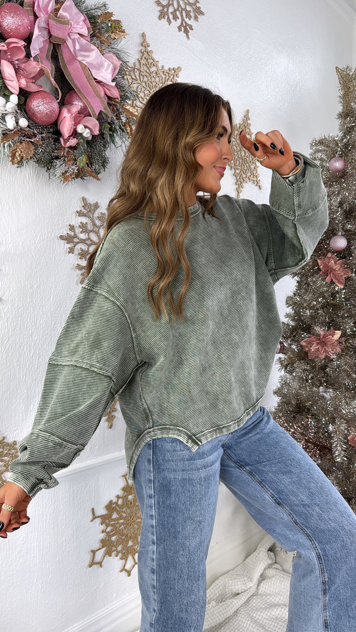 DOORBUSTER: Acid Washed Ribbed Cropped Pullover, DK Olive