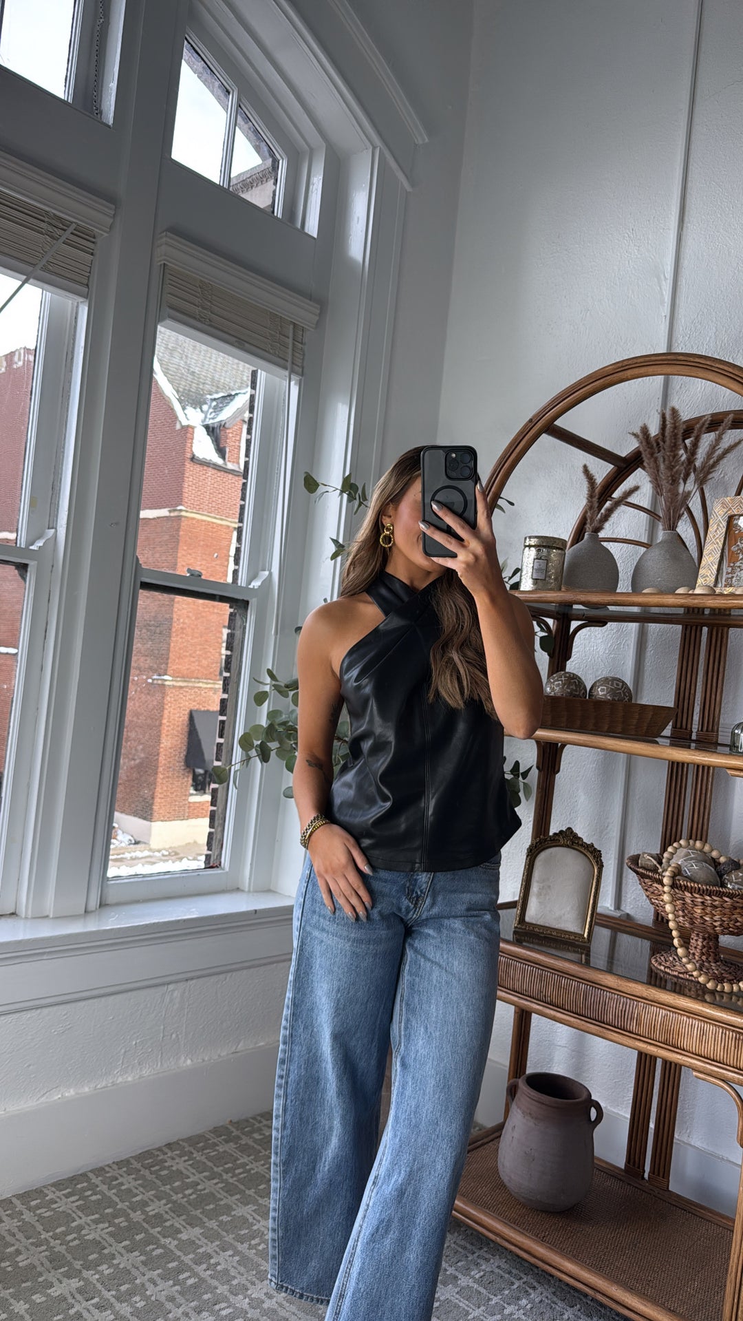 Aveline Faux Leather Top, Black