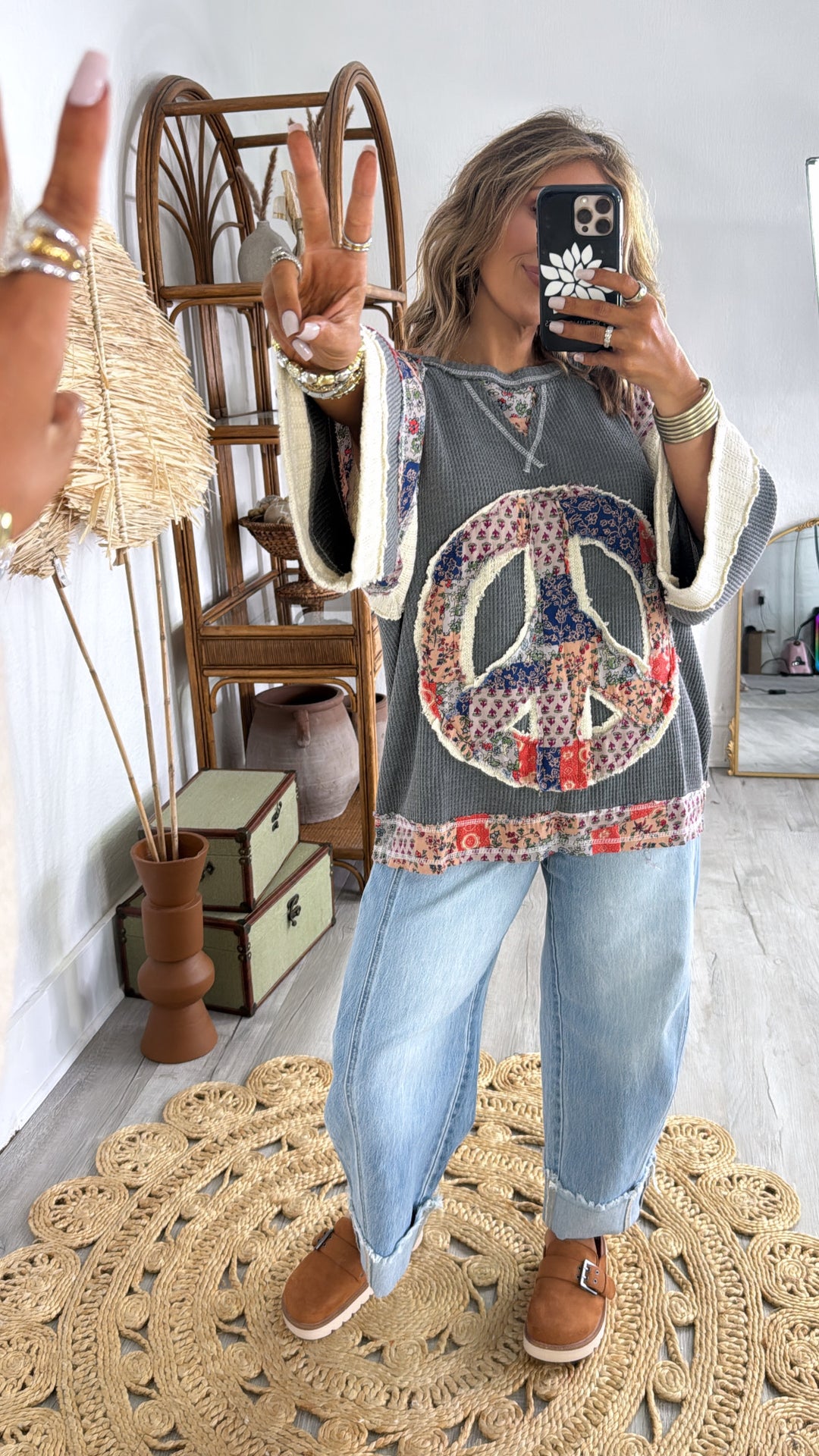 Patched Peace Top, Charcoal