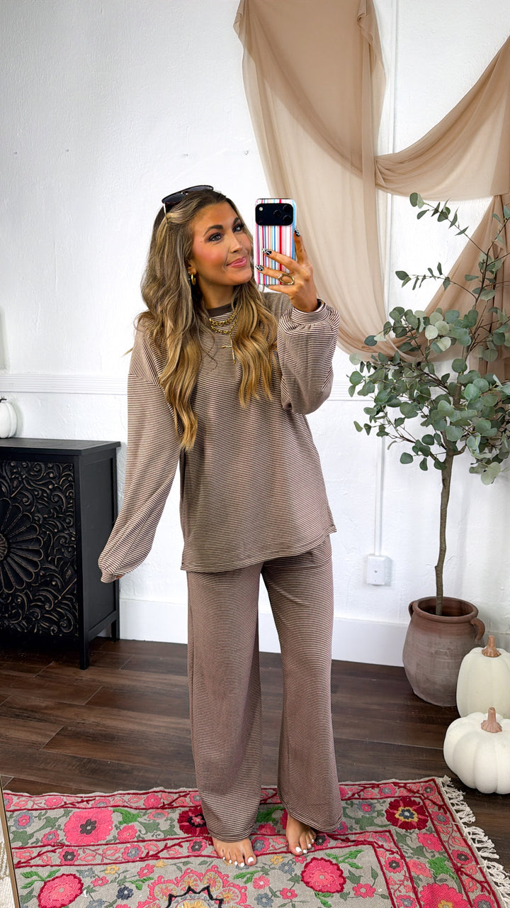Striped Contrast Two Piece Set, Dk. Brown/Cream