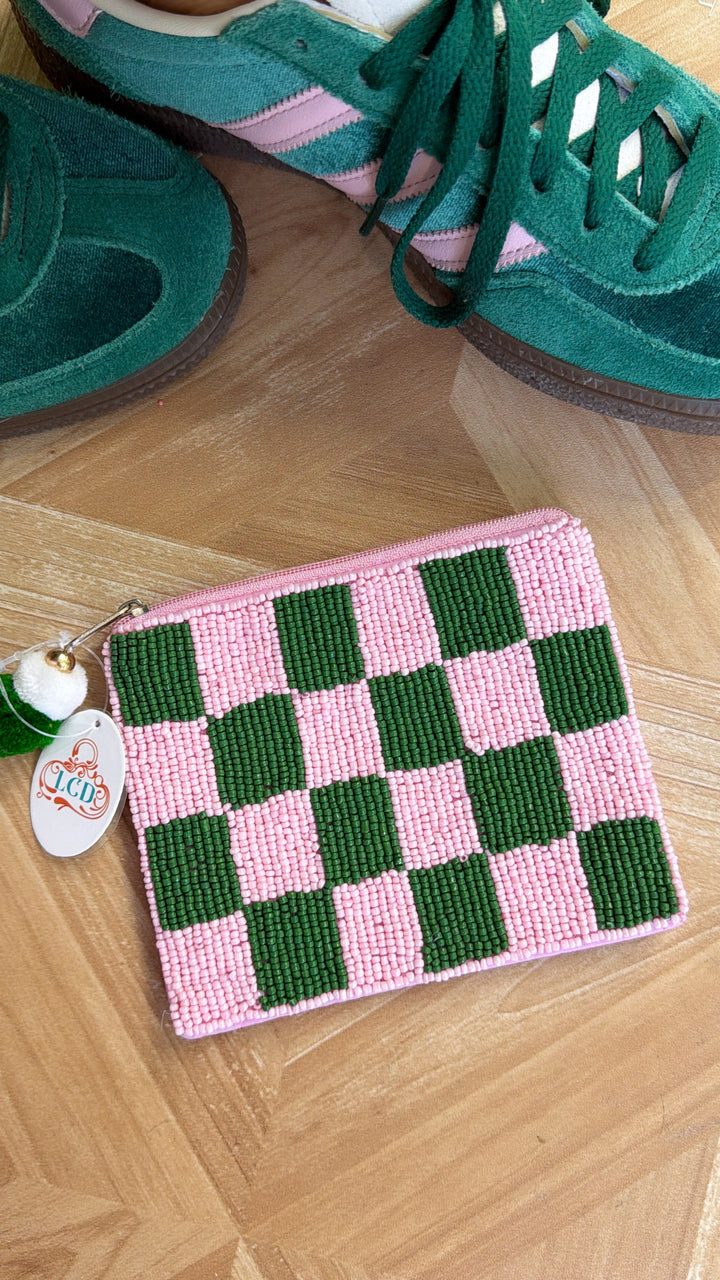 Basic Babe Beaded Plaid Coin Purse, Green/Pink