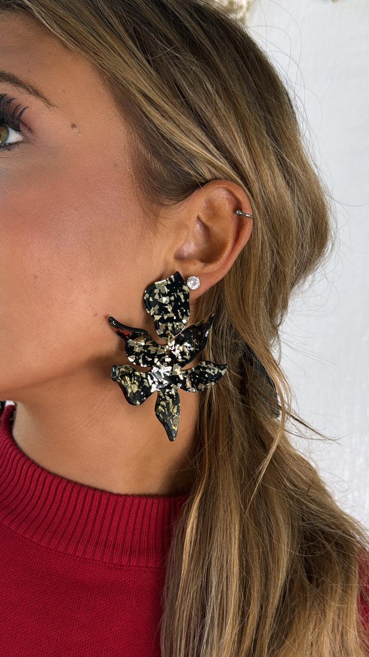 Linny Co. Flora Statement Earring, Black/Gold