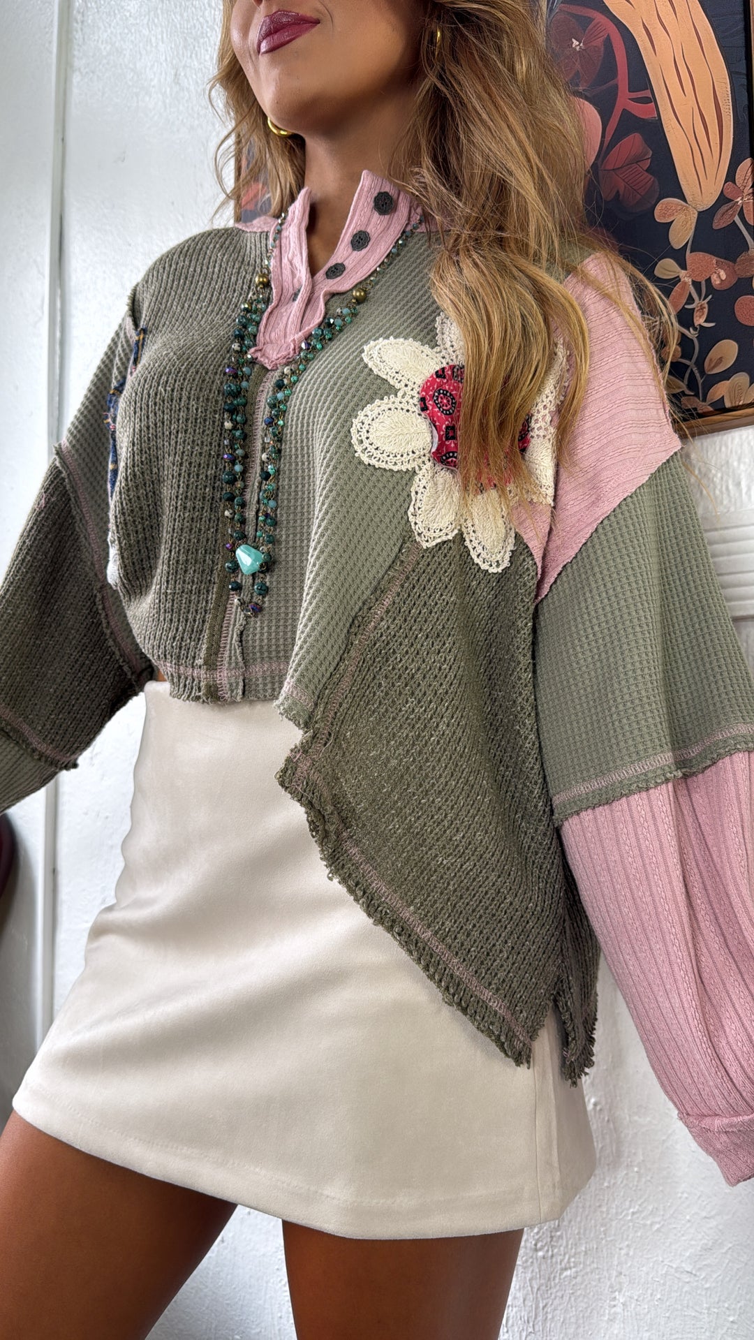 Sweet Impression Patchwork Long Sleeve Top, Olive Multi