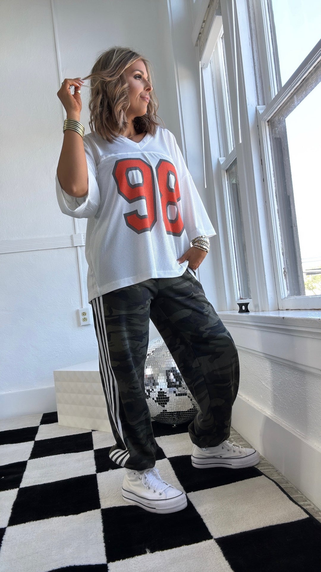 Bleacher Babe Jersey Top, White/ Orange