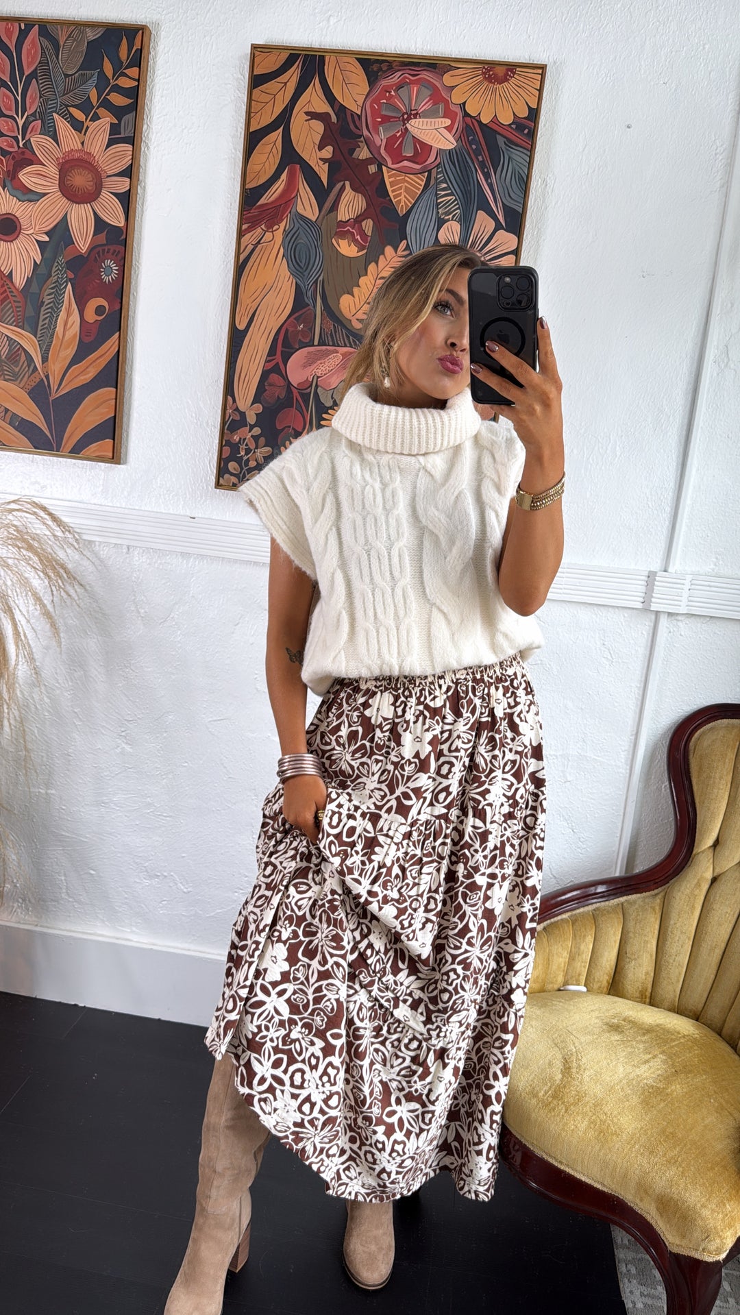 Picture Perfect Floral Tiered Midi Skirt, Brown