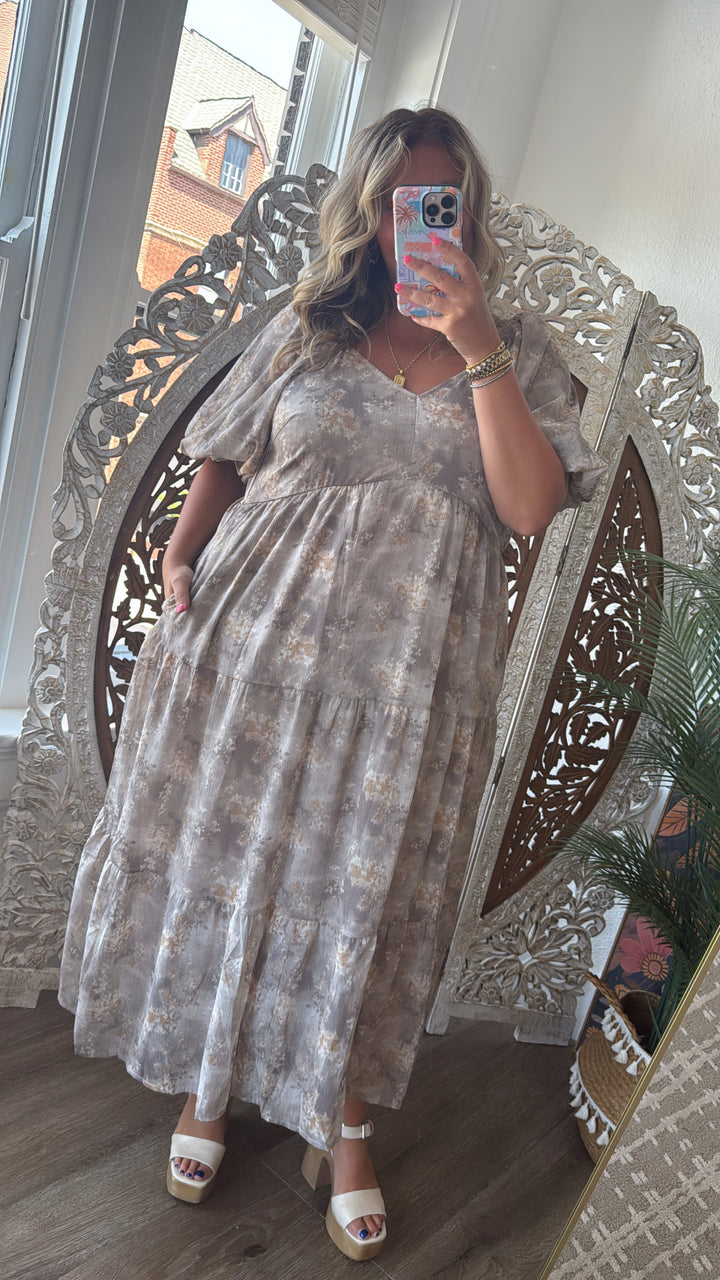 Granite Hues Whimsical Bubble Sleeve Maxi Dress, Taupe