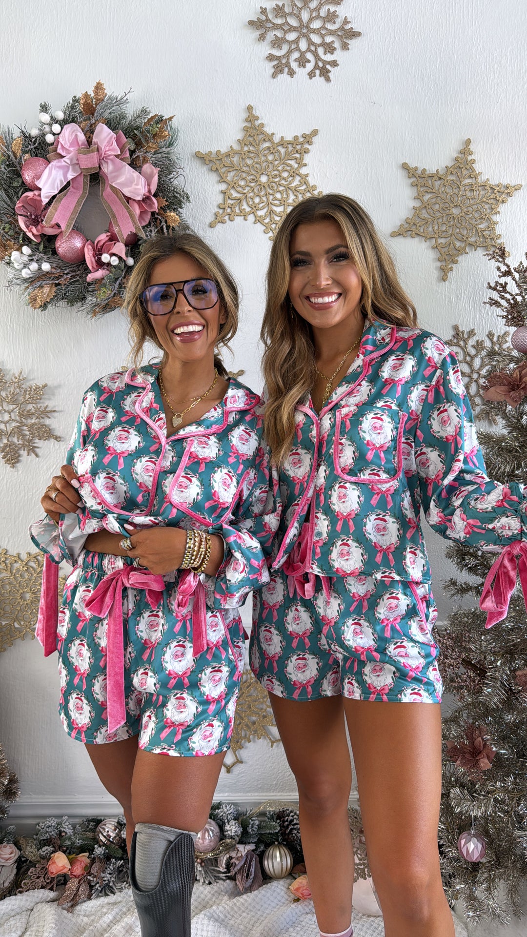 Season Greetings Silk Santa Bow Pajama Set, Teal
