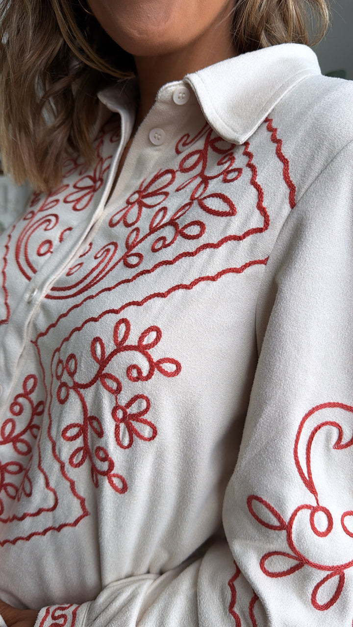 Prairie Bound Suede Button Up, Ecru/Rust