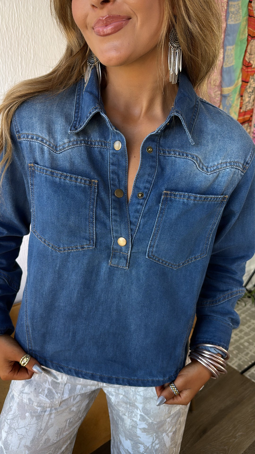 Cowgirl Blues Collard Top, Denim