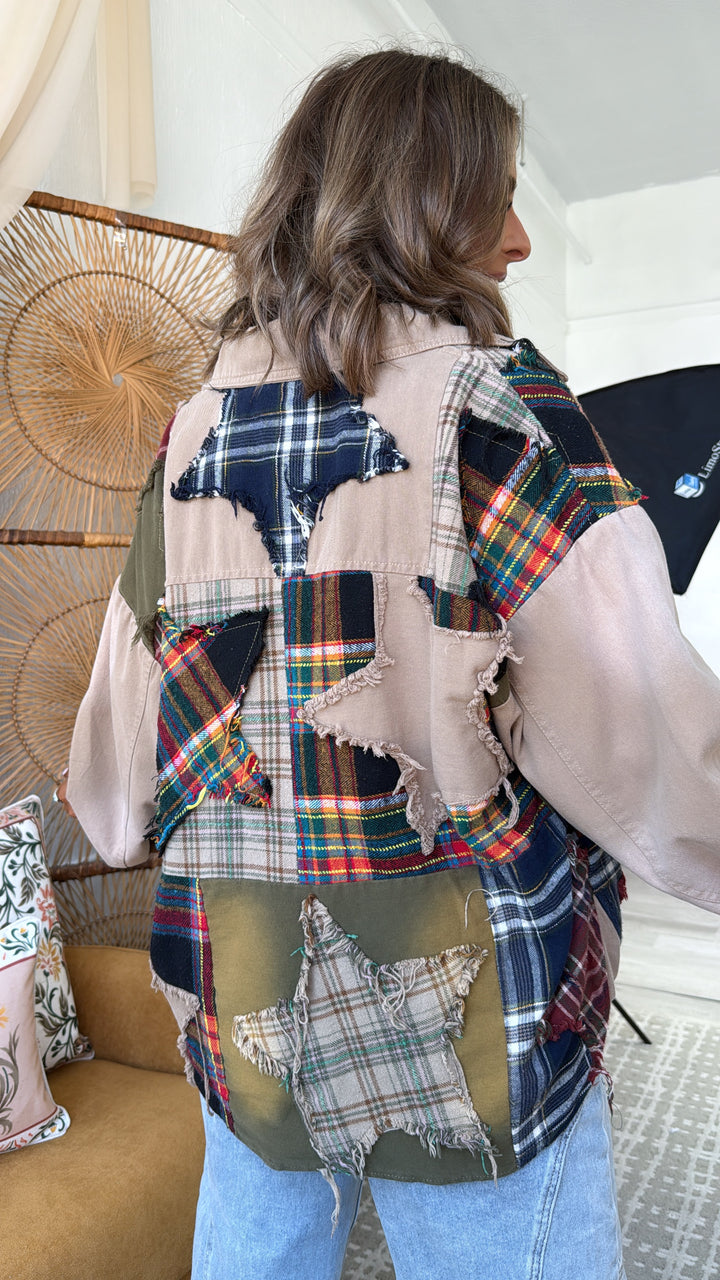 Care Free Plaid Patch Button Down Jacket, Khaki