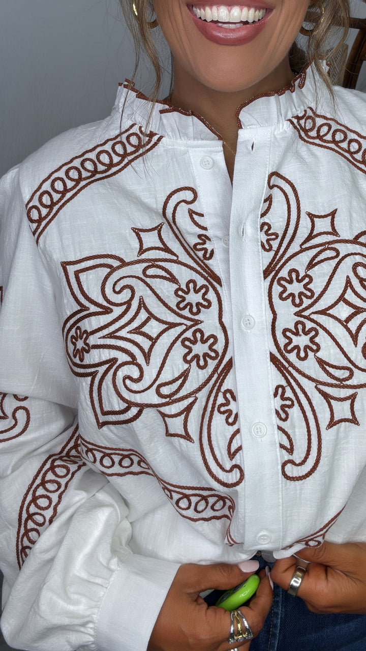 Sundance Ruffle Embroidered Button Up Top, White