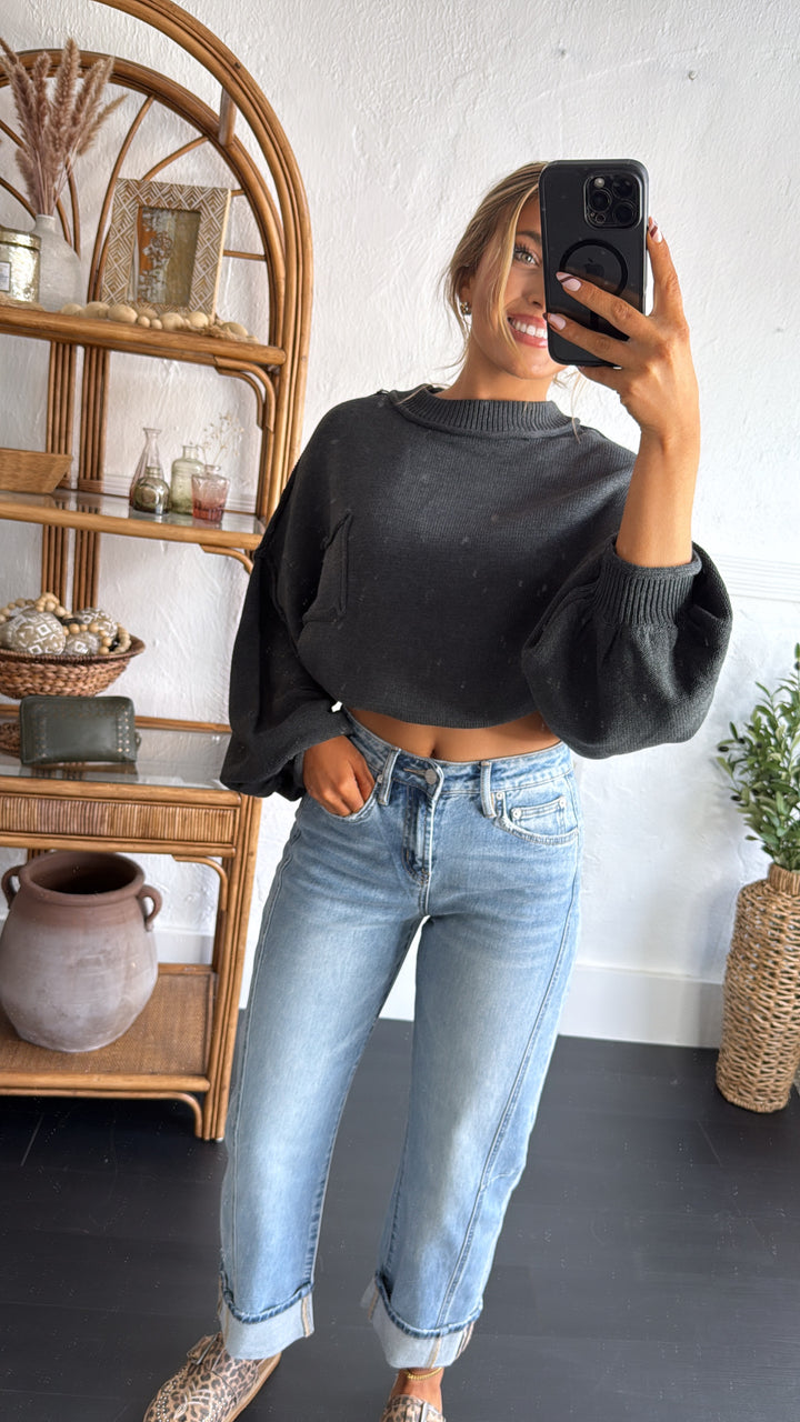 Elevated Basic Balloon Sleeve Sweater, Grey/Black