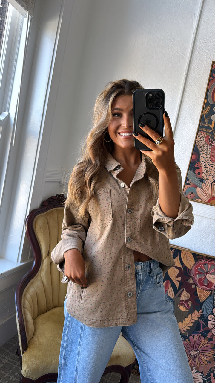 Pretty Petals Floral Print Denim Jacket, Mocha