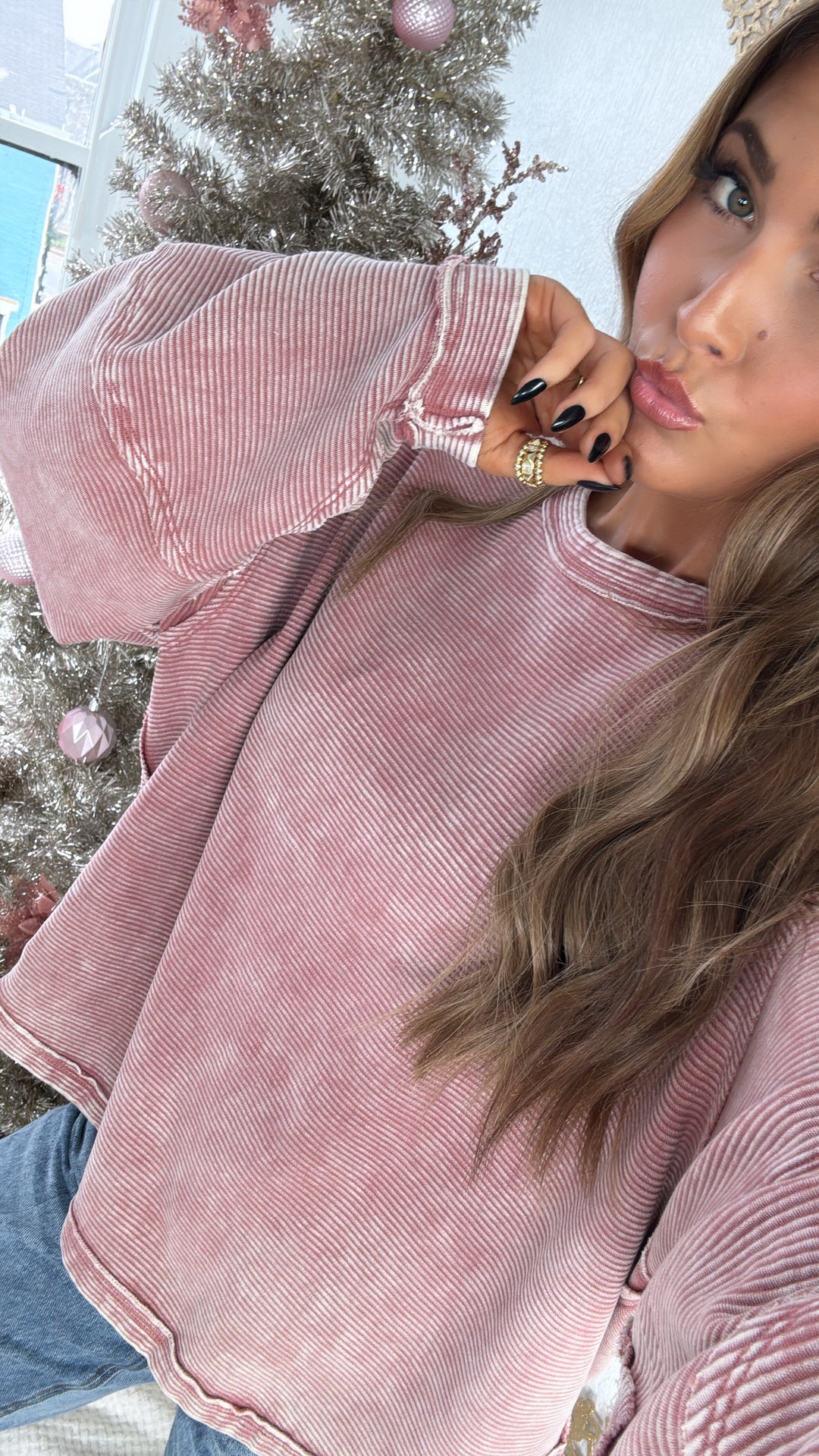 DOORBUSTER: Acid Washed Ribbed Cropped Pullover, Winter Rose