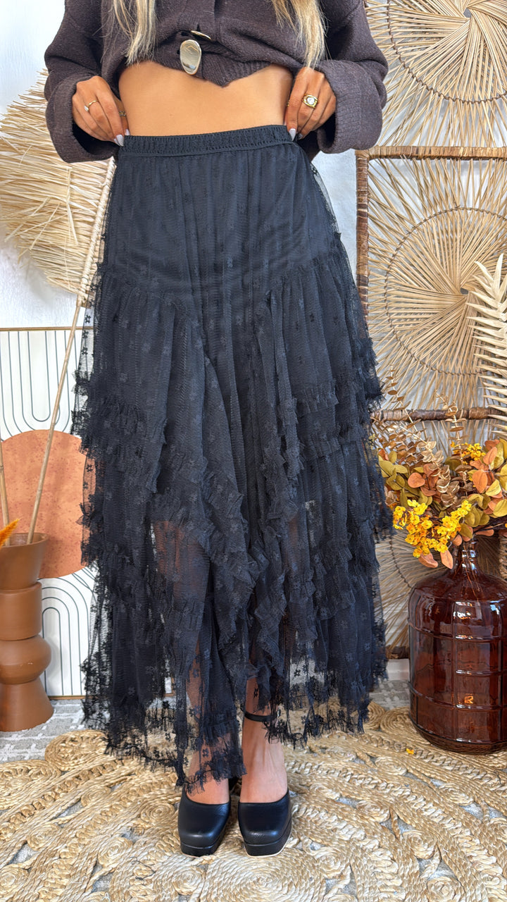 Whispering Shadows Mesh Skirt, Black