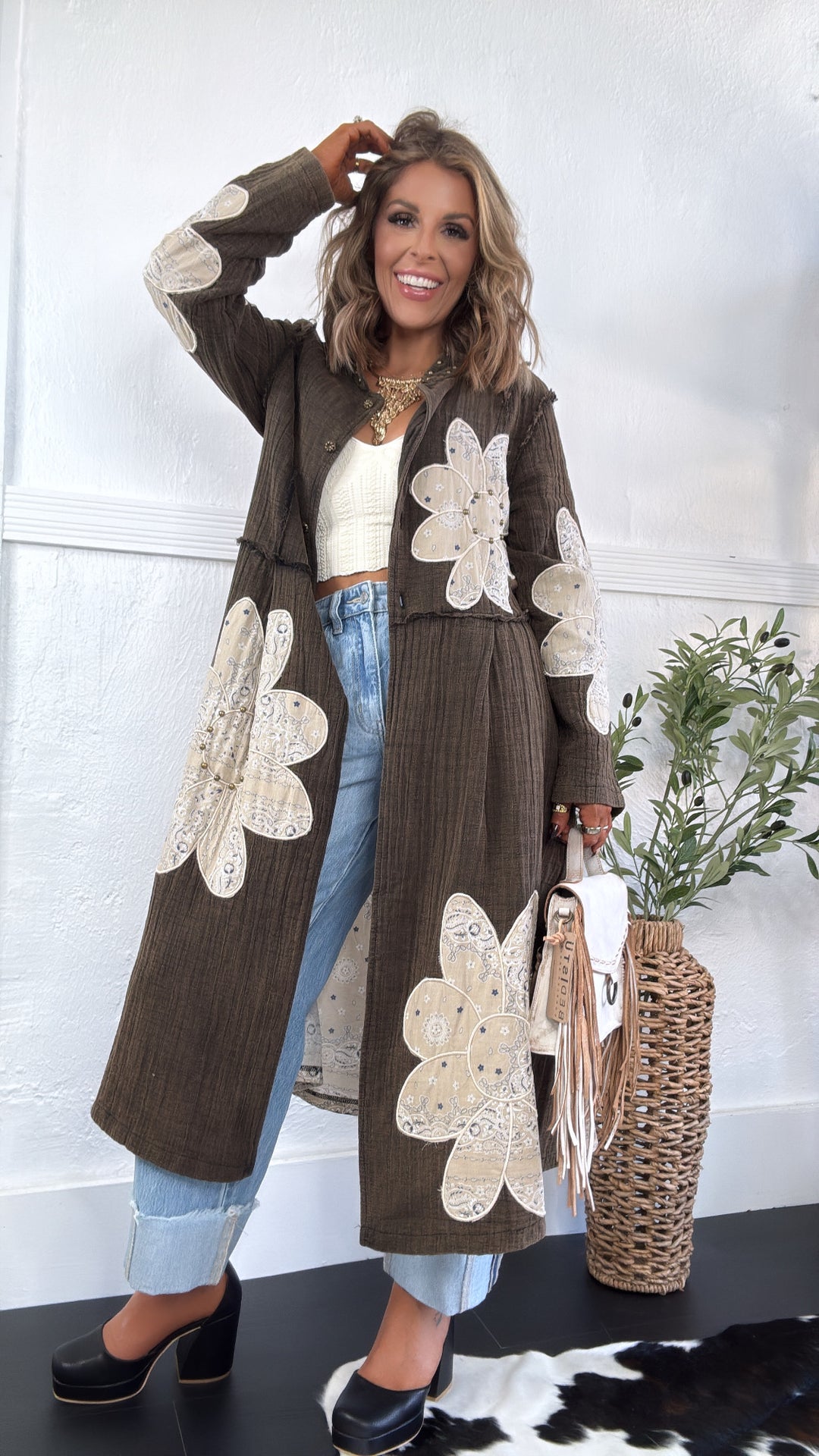MoonShadow Oversized Duster Jacket, Distressed Brown