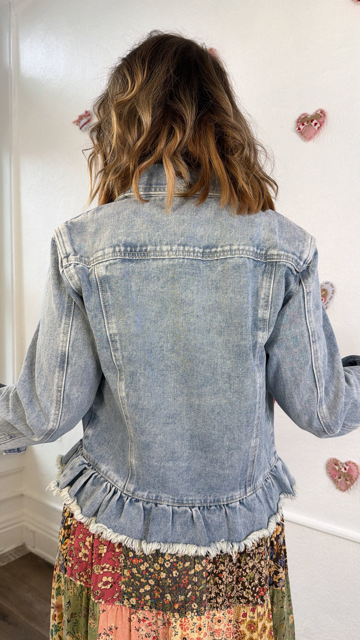 Emery Ruffle Hem Denim Jacket, Light Denim