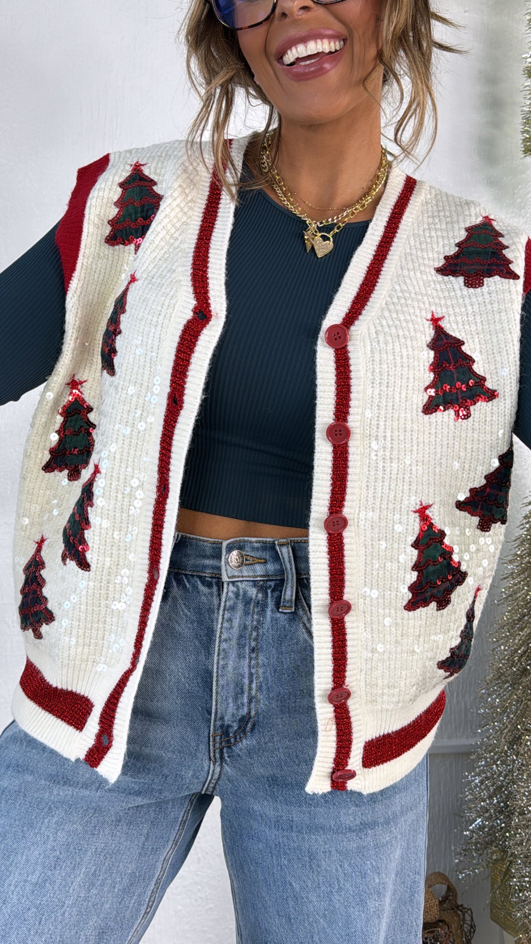 Checkered Cheer Plaid Sweater Vest, Ivory