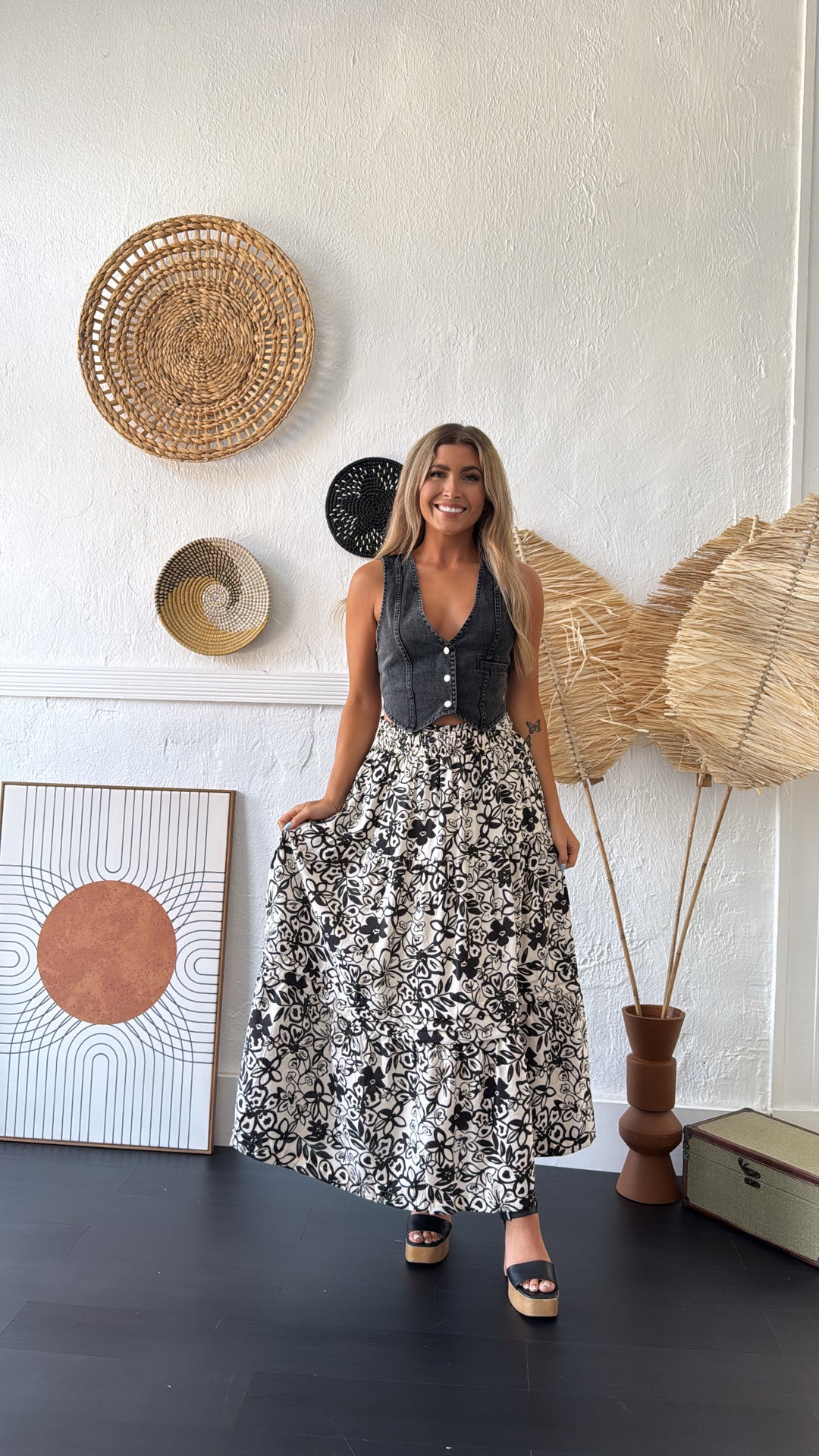 Picture Perfect Floral Tiered Midi Skirt, Black