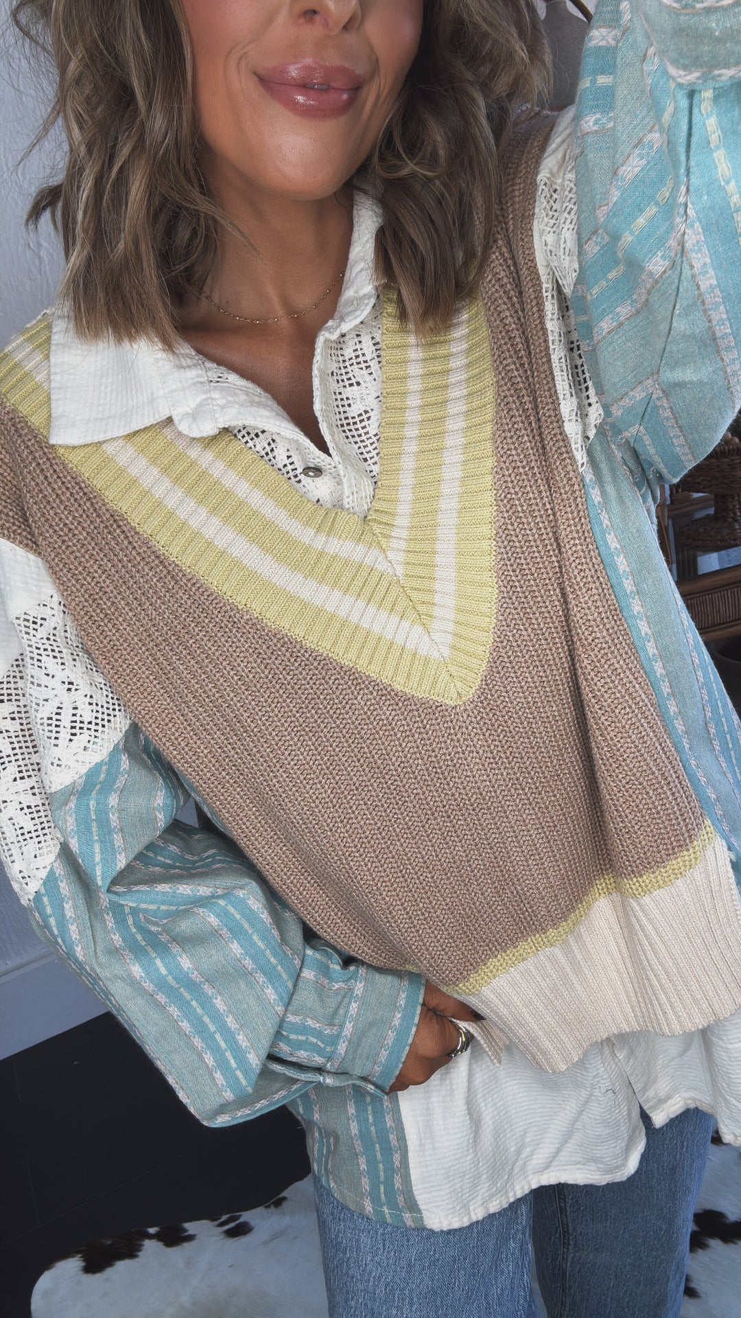 Willa Layered Vest Top, Blue/Taupe