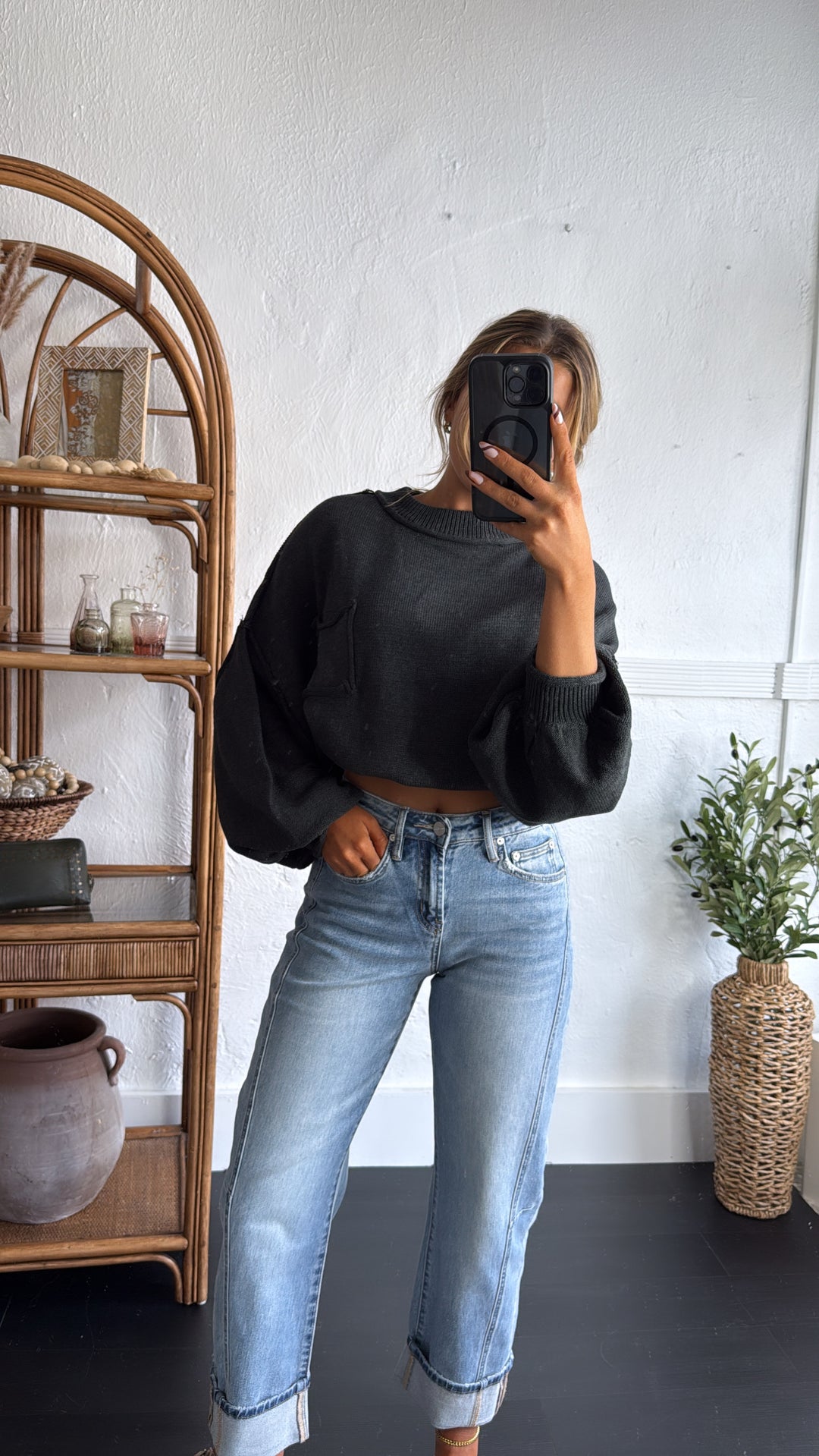 Elevated Basic Balloon Sleeve Sweater, Grey/Black