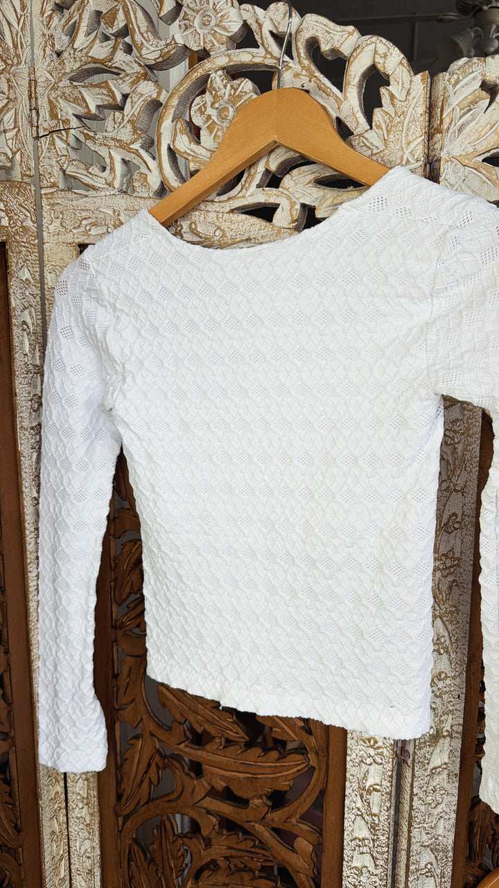 Lace Texture Square Neck Top, White