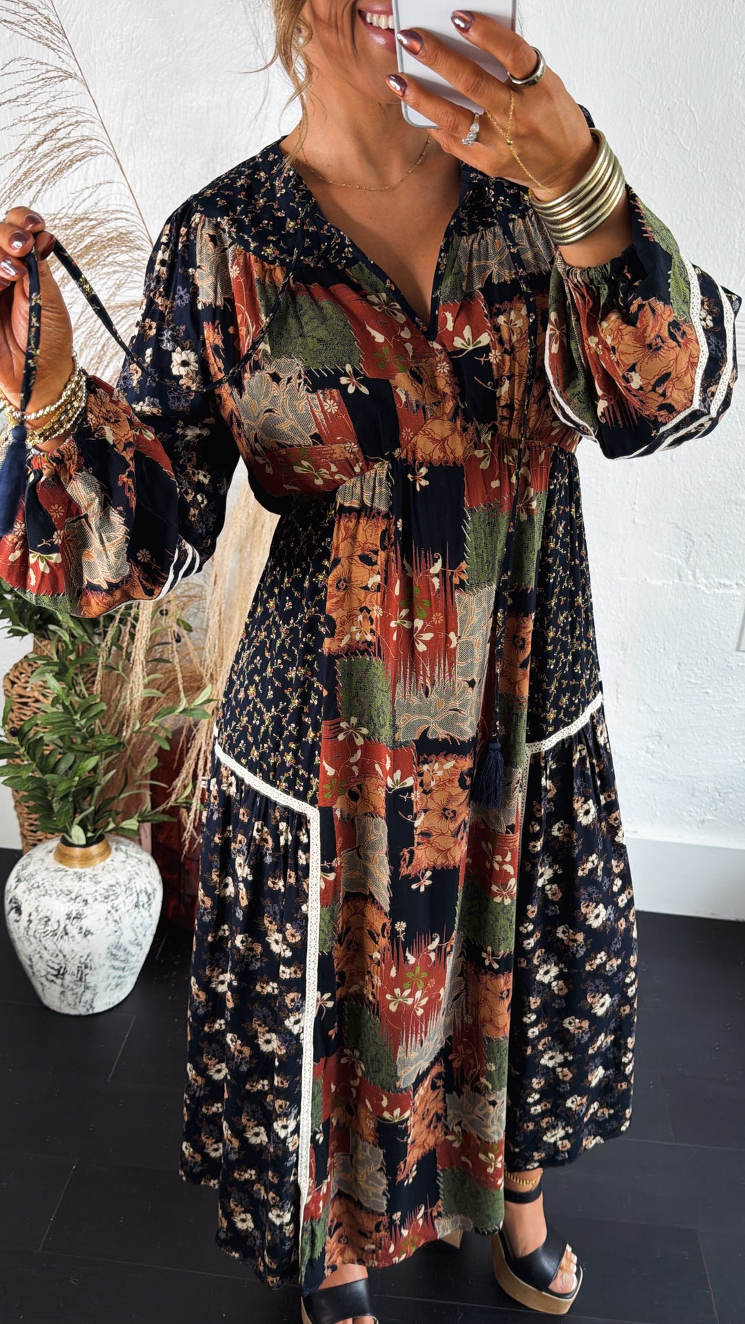 Amber Patch Midi Dress, Navy Multi