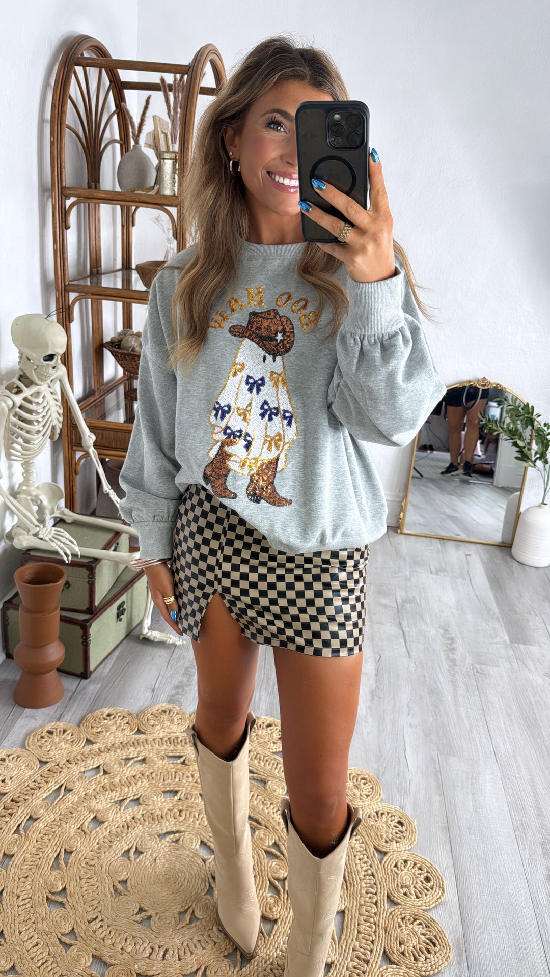 Spooky Season Boohaw Sequin Sweatshirt, Grey