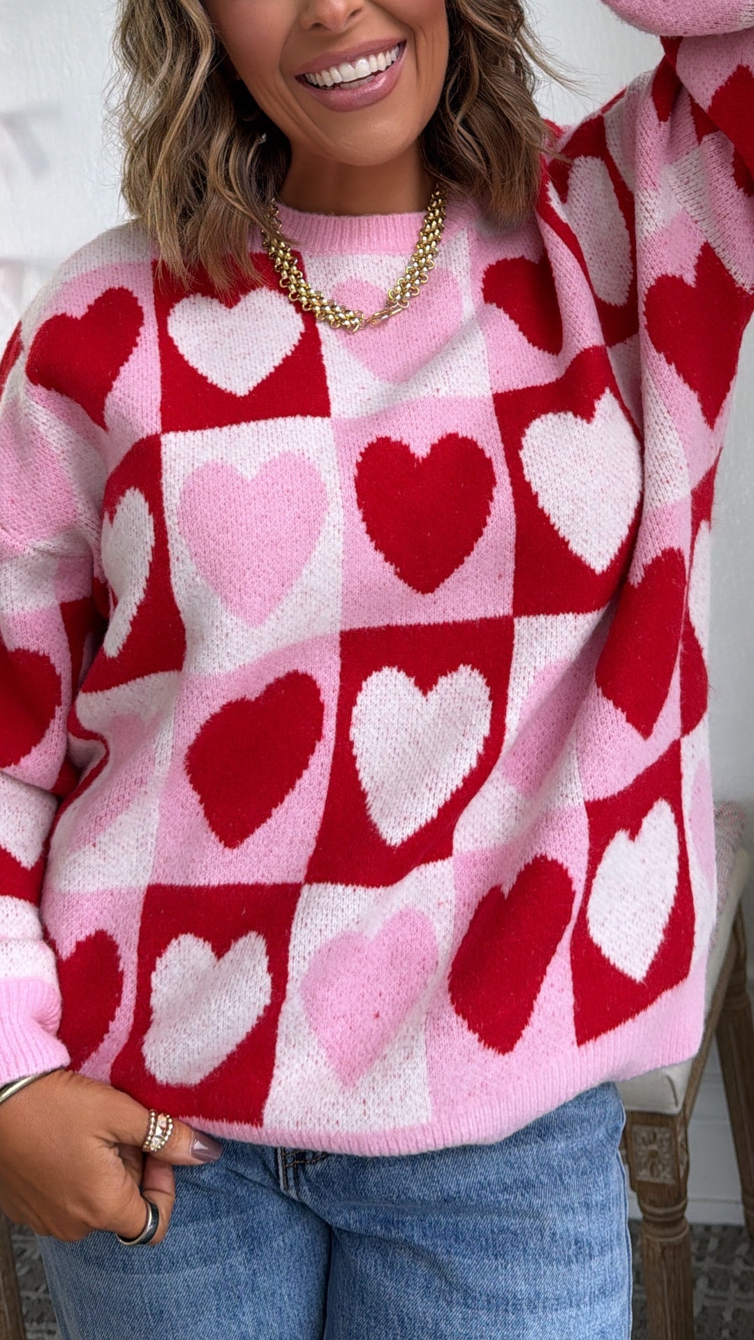 Cherry Heart Knit Sweater, Pink/Red