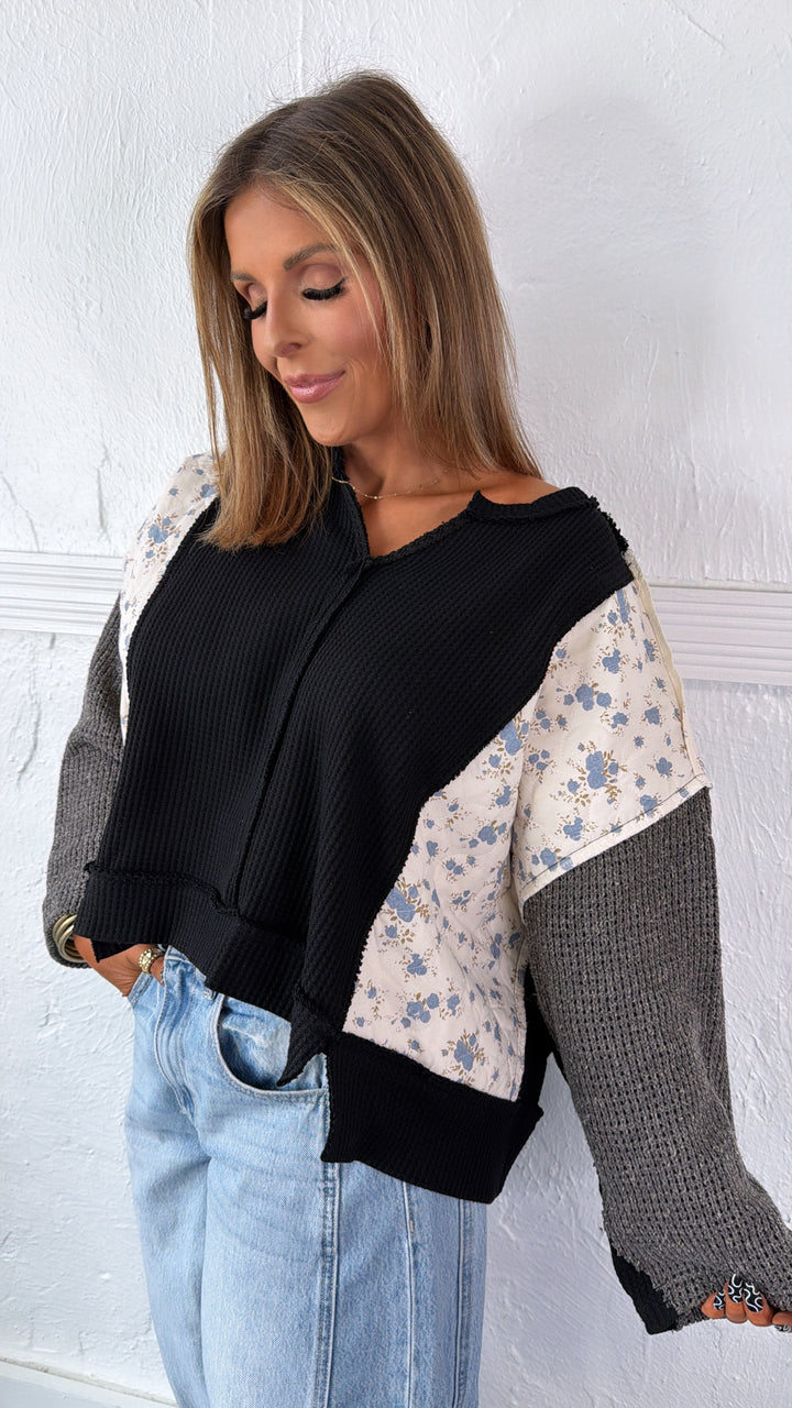 DOORBUSTER: POL Floral Sleeve Sweater, Black