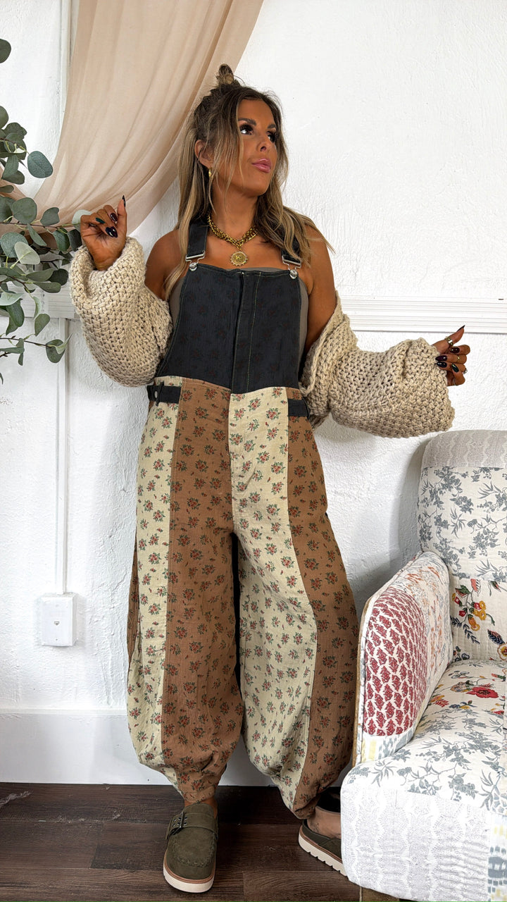 ECB Exclusive: Ruth Overall Bib, Charcoal Ginger Floral