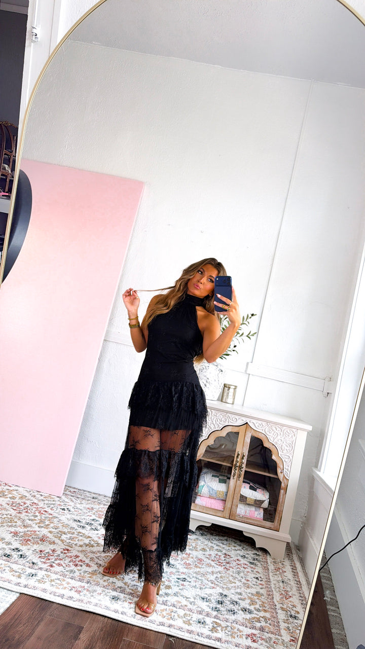 Beauty Lace Ruffled Maxi Dress, Black