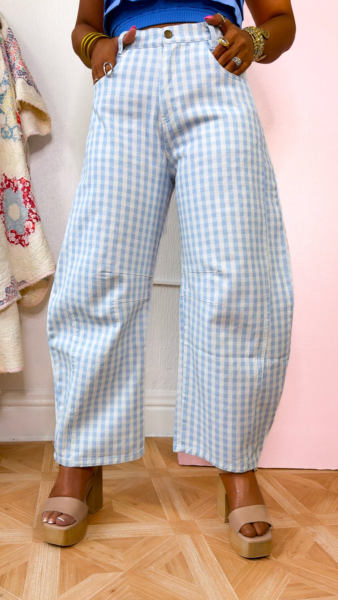 Gingham Blues Barrel Jeans, LT.Blue