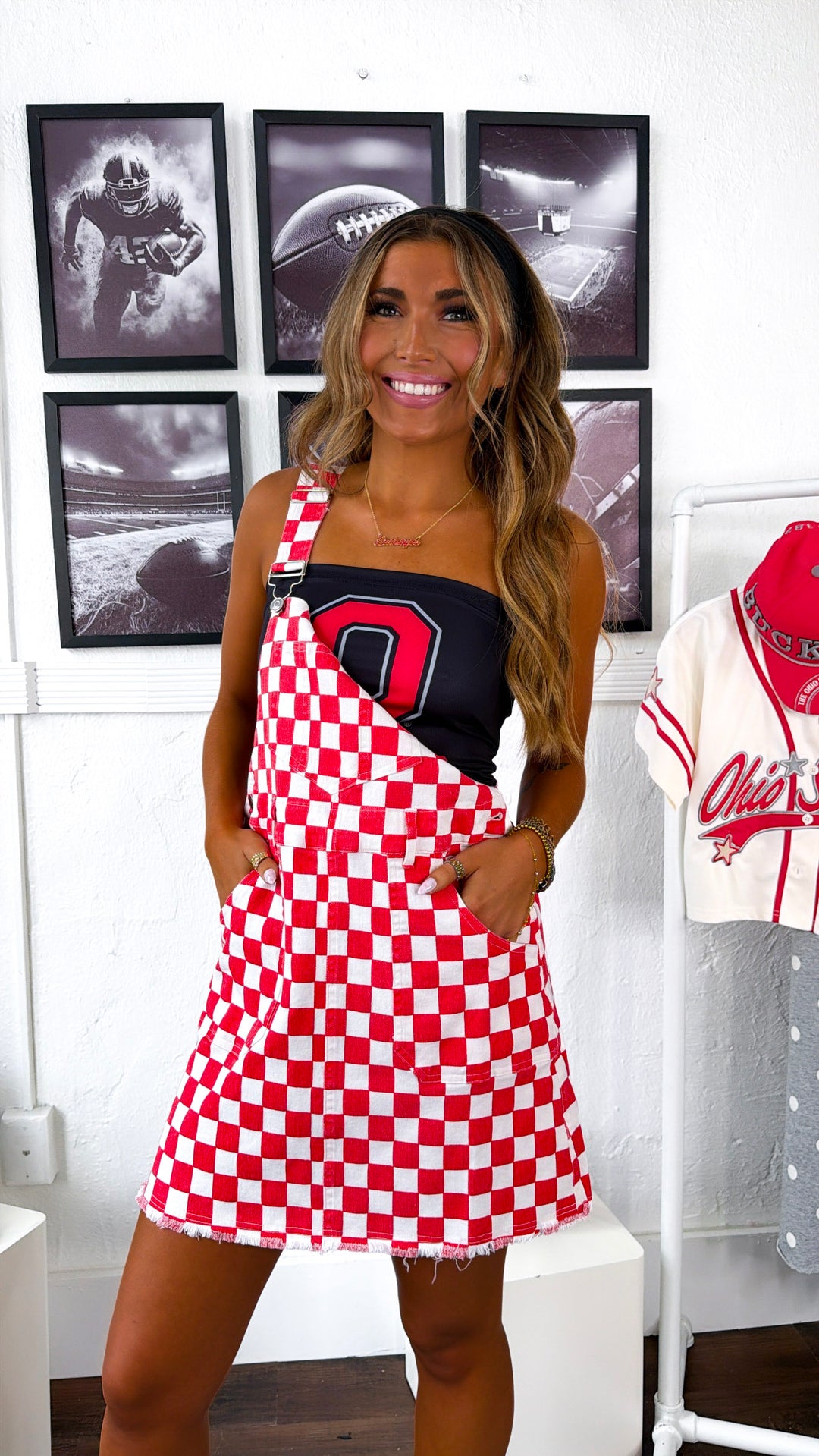 Friday Lights Checkered Overall Dress, Red