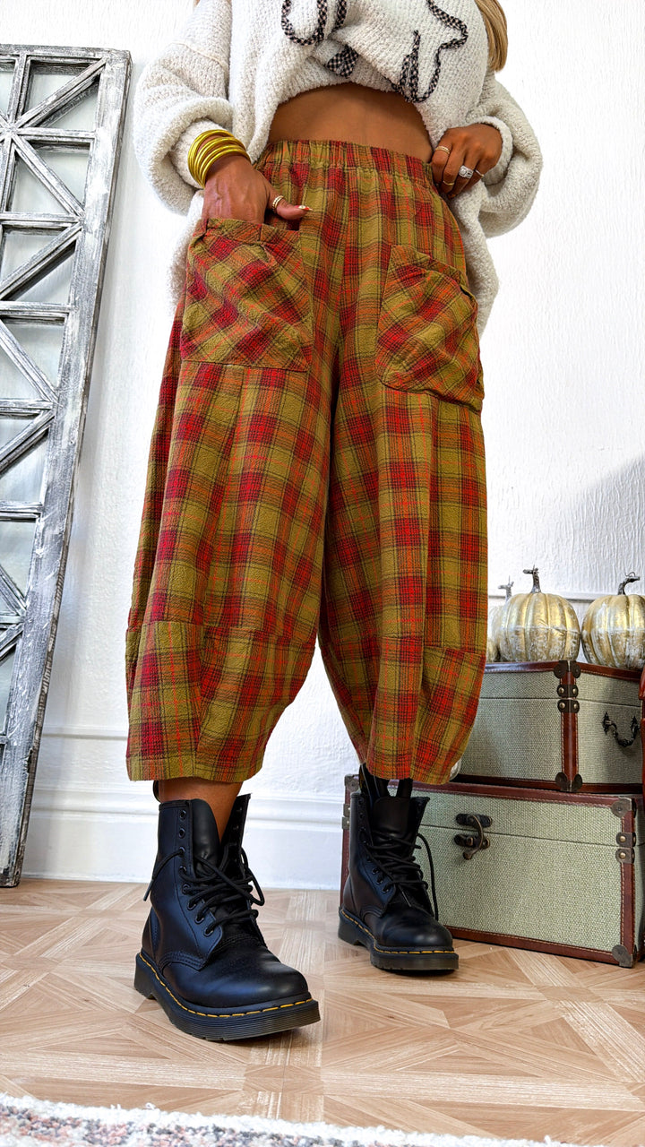 Plaid Print Wide Leg Jogger, Olive/Dijon Checker