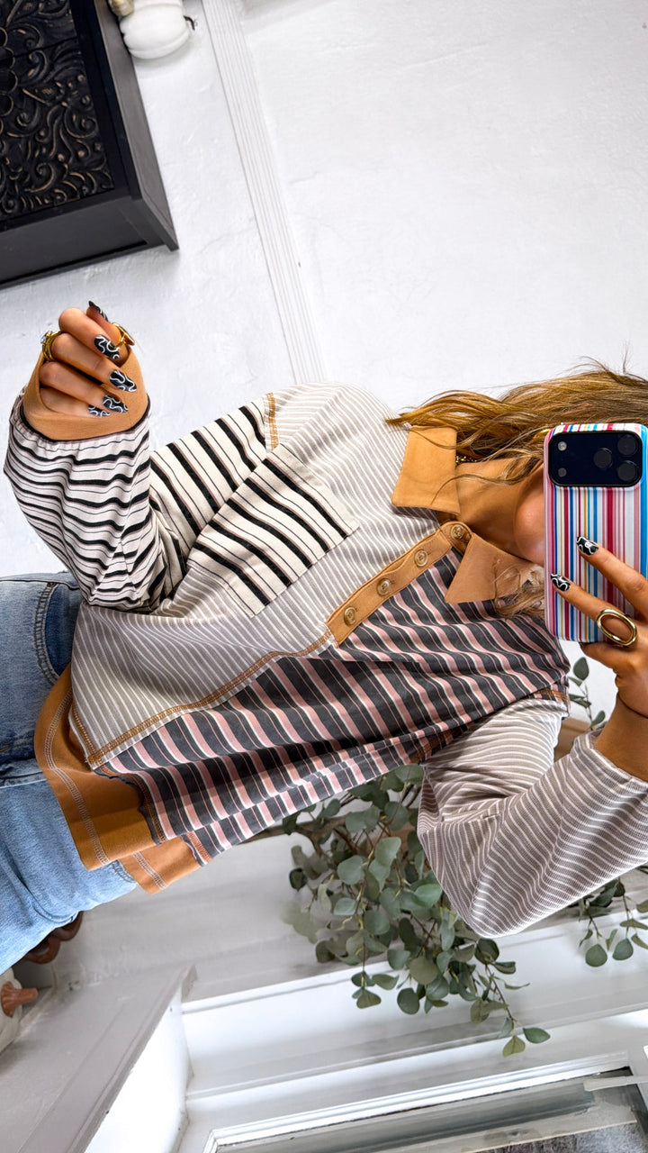 Multi Stripe Pullover, Camel/Dusty Pink Mix