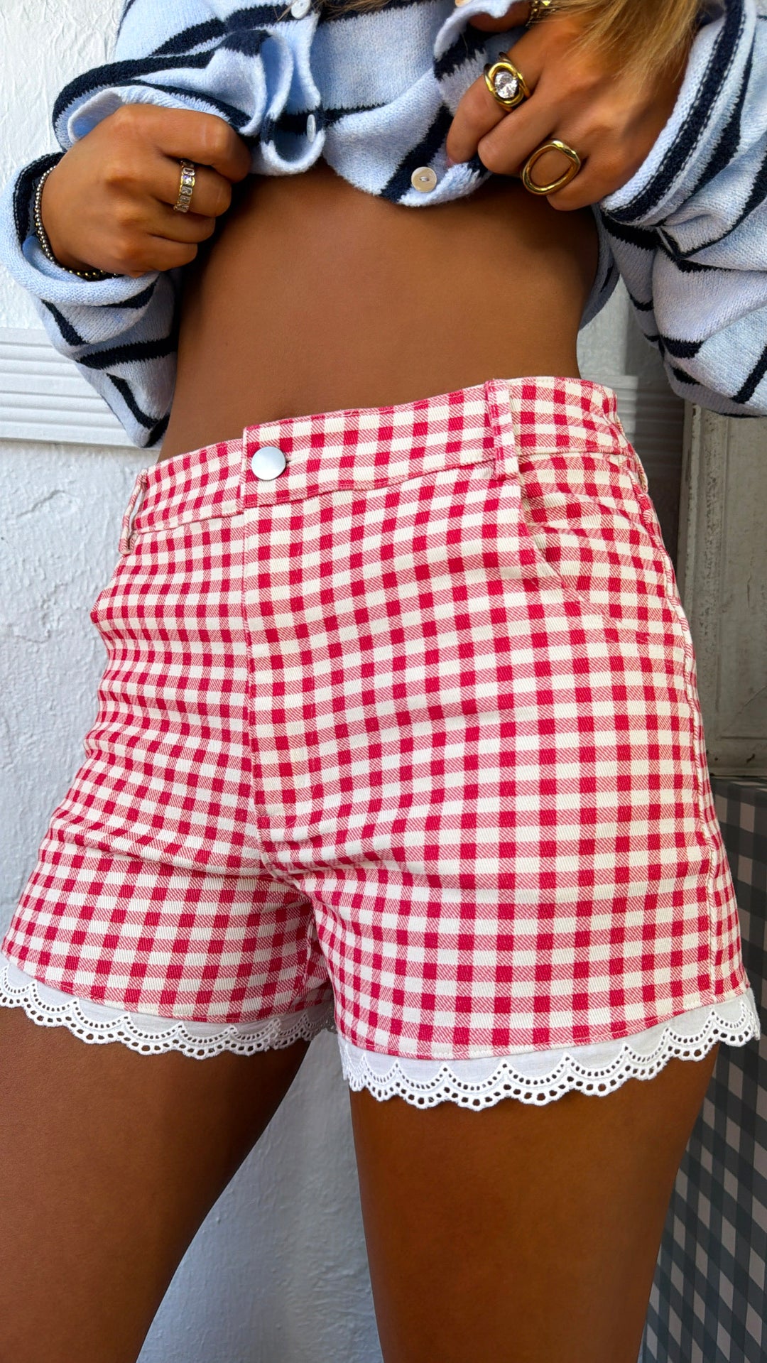 Little Gingham Denim Shorts, Cream/Red
