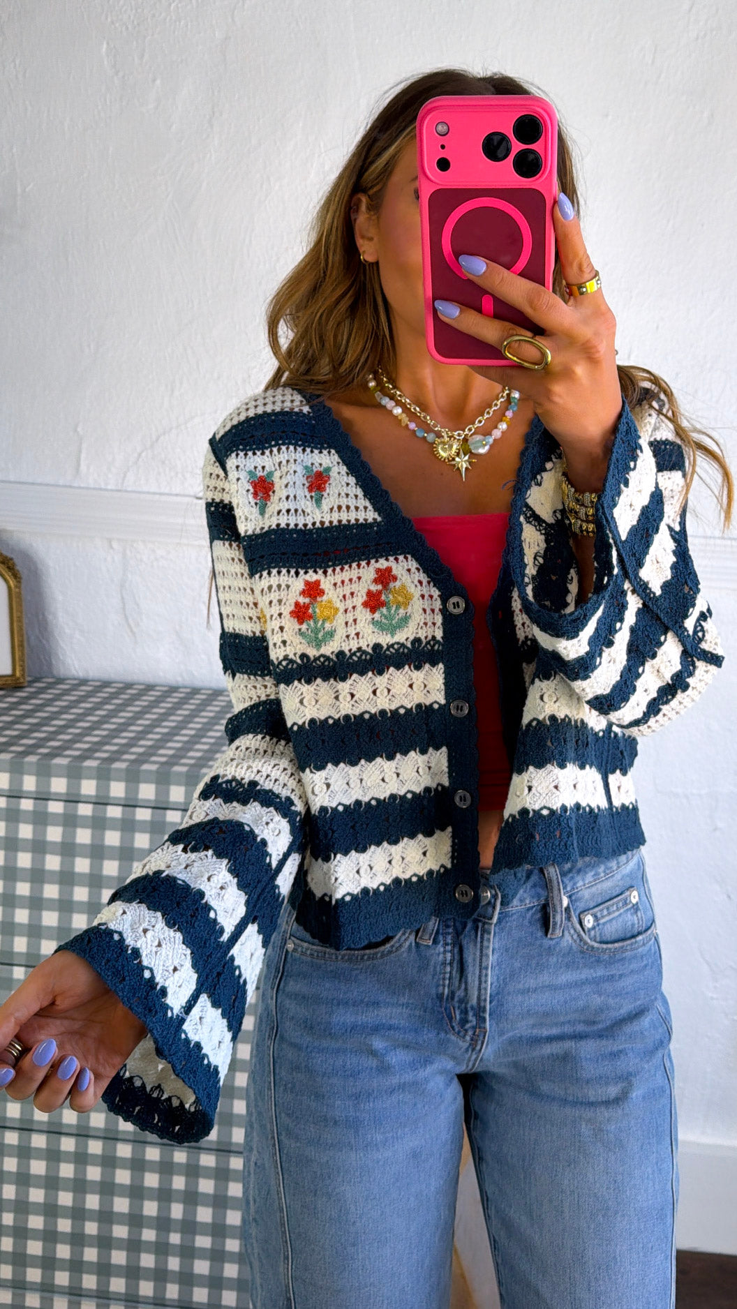 Flower Sprout Knit Cardigan, Navy Multi