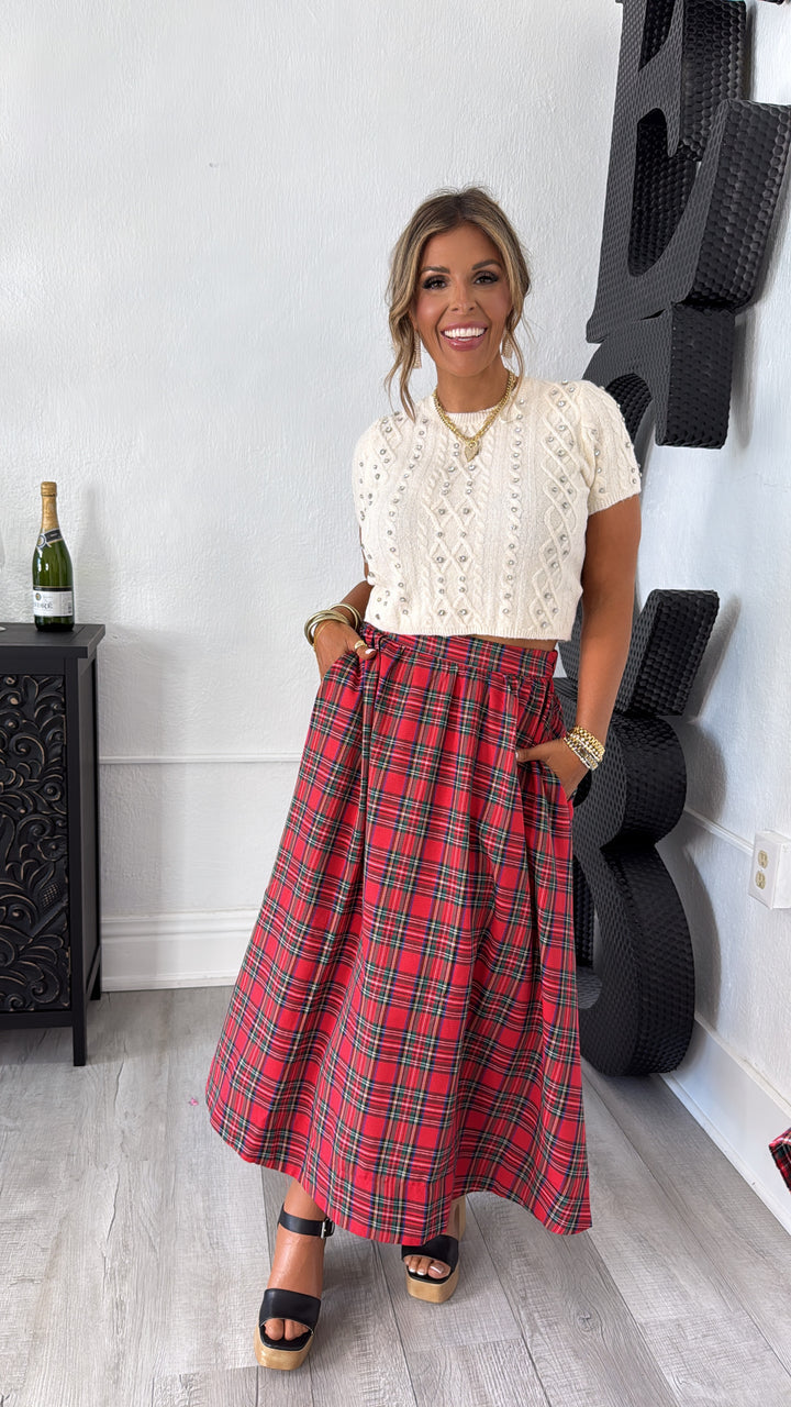 Holiday Plaid Midi Skirt, Red