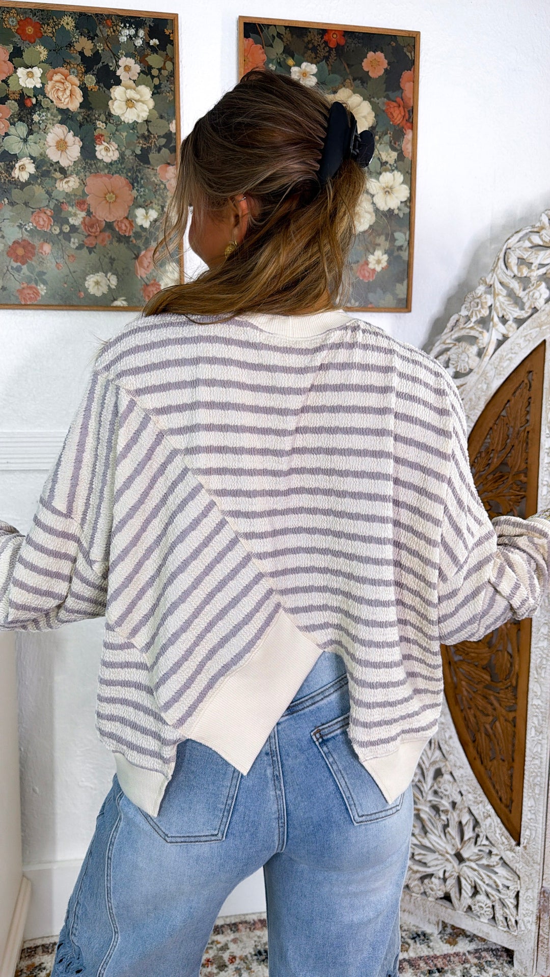 Striped cropped Crewneck, Taupe/ Ivory