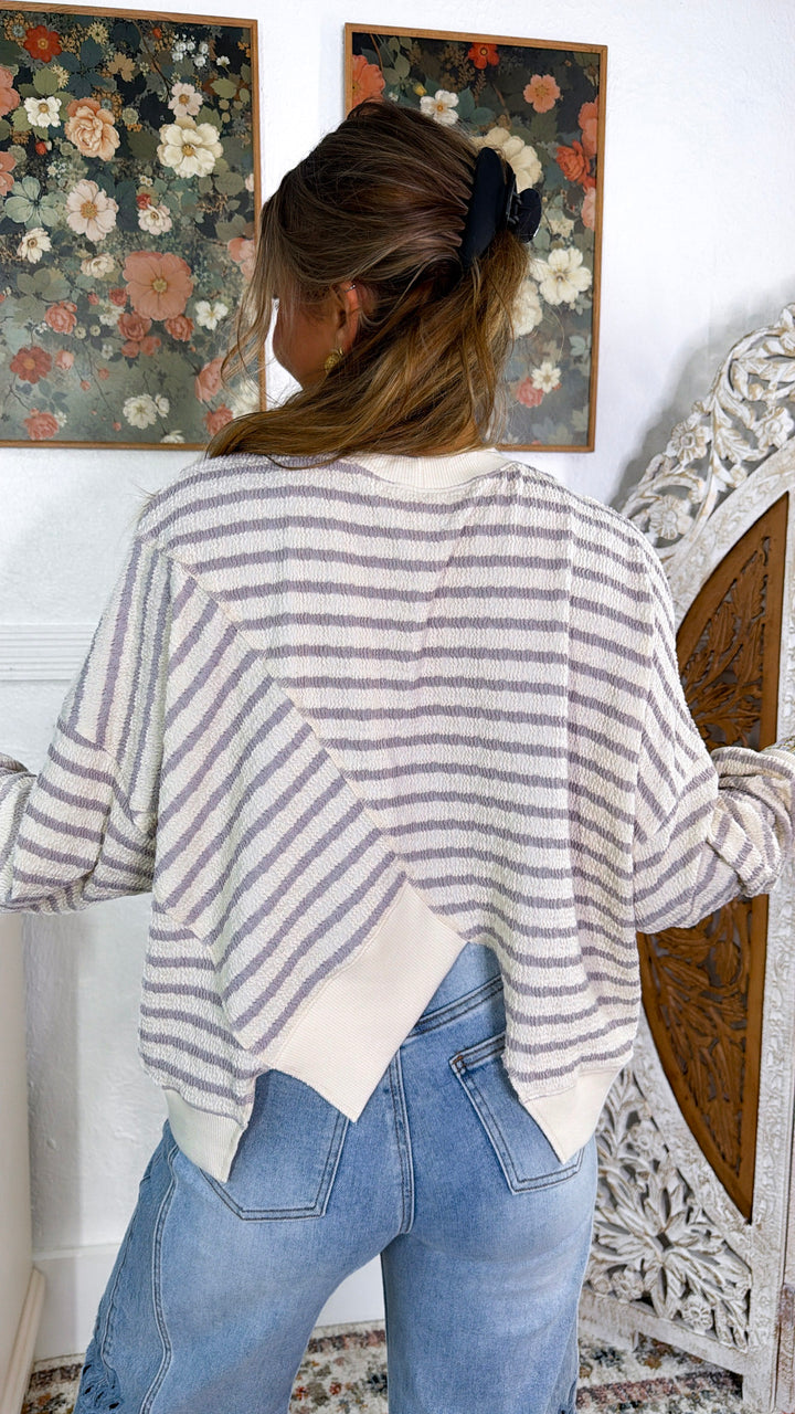 Striped cropped Crewneck, Taupe/ Ivory