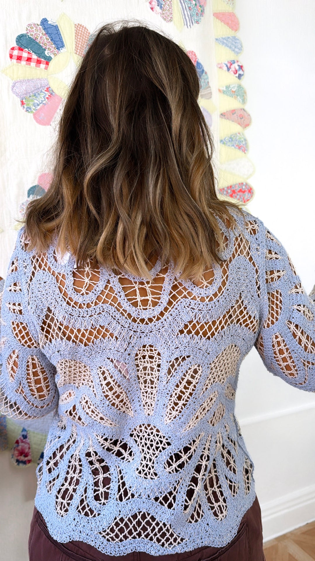 Boho Contrast Crochet Top, Powder Blue