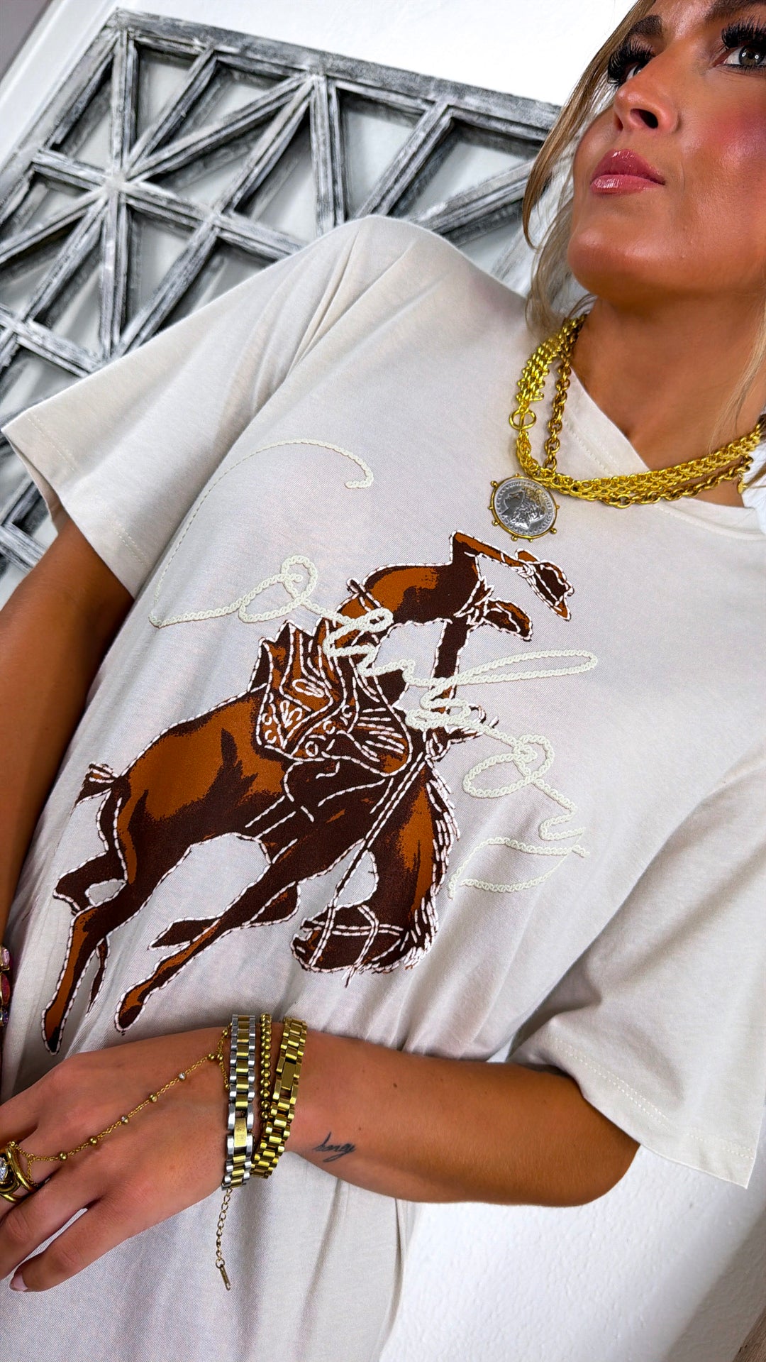 Vintage Cowboy Graphic T-Shirt Dress, Bone